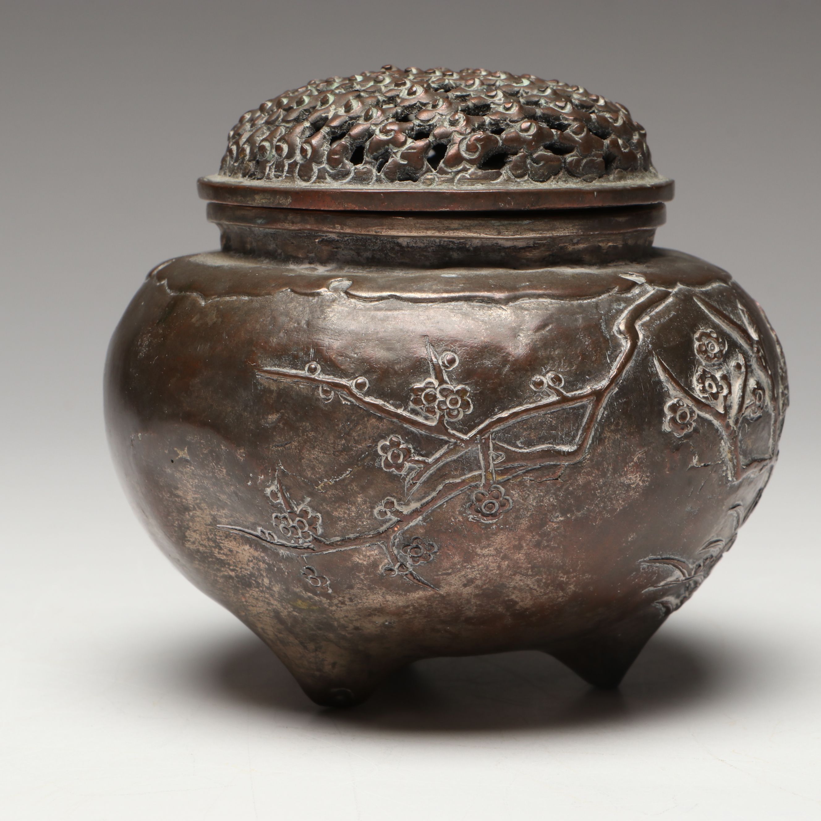 Chinese Embossed Plum Blossom Silver Plate Incense Burner