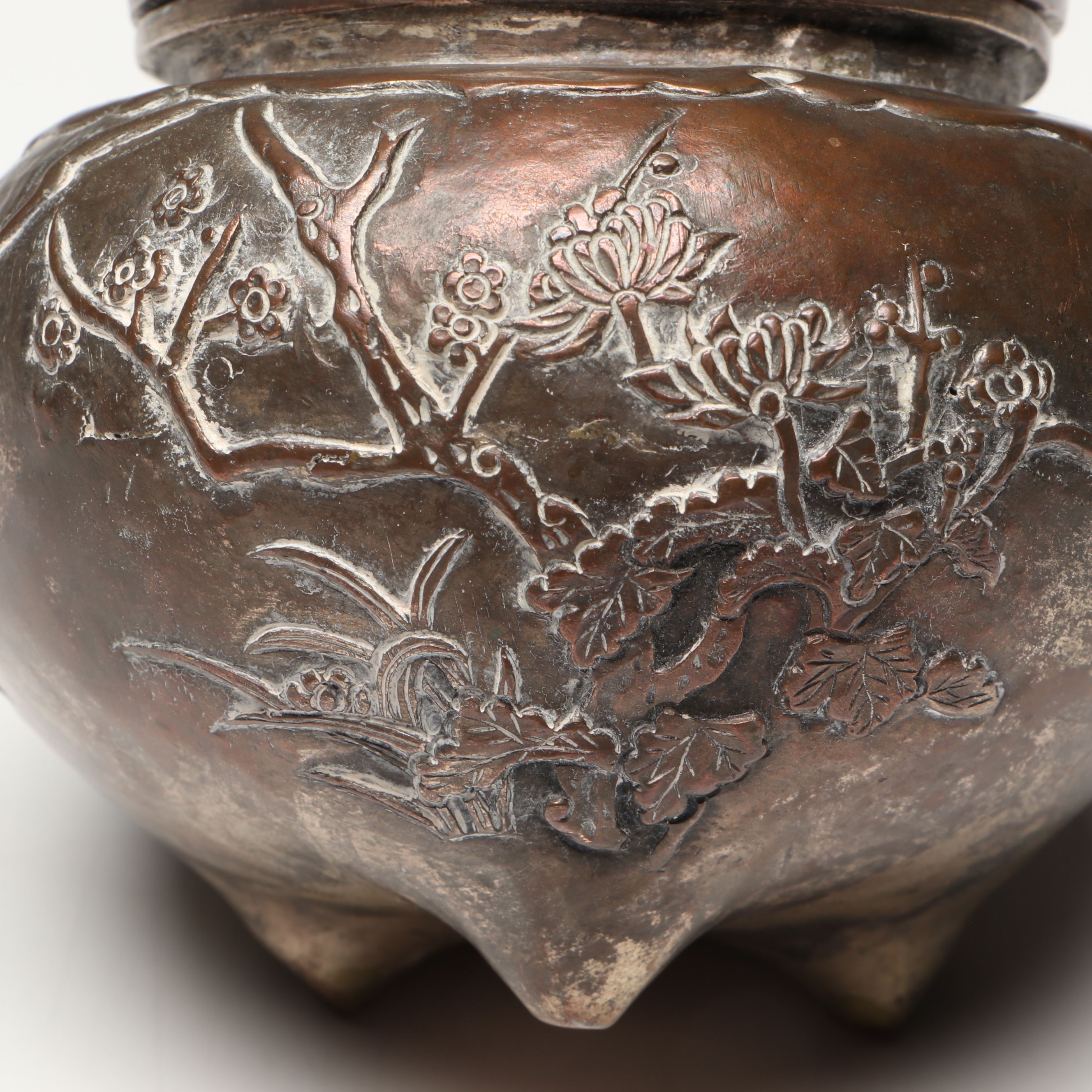Chinese Embossed Plum Blossom Silver Plate Incense Burner