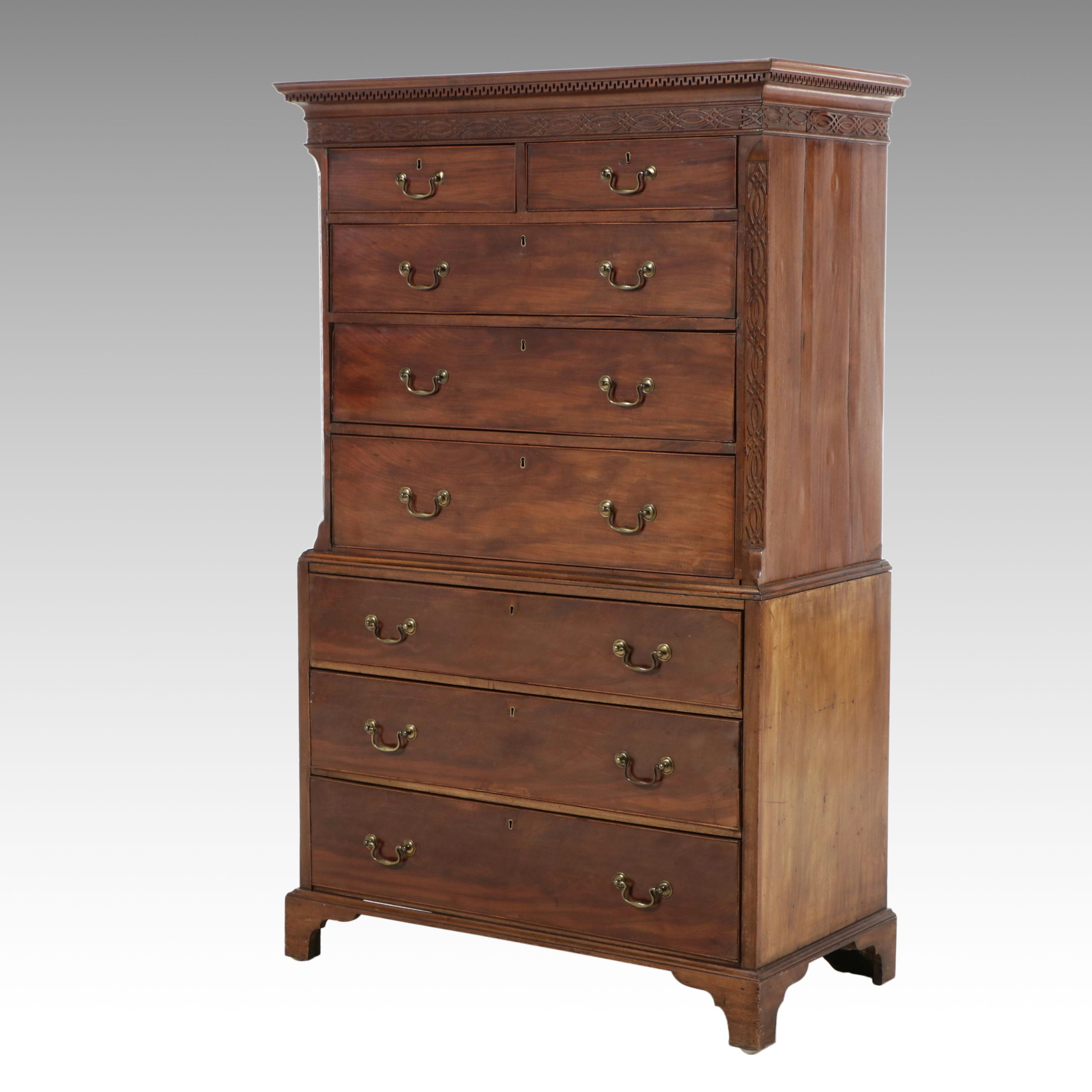 George III Chinese Chippendale Style Mahogany Chest on Chest