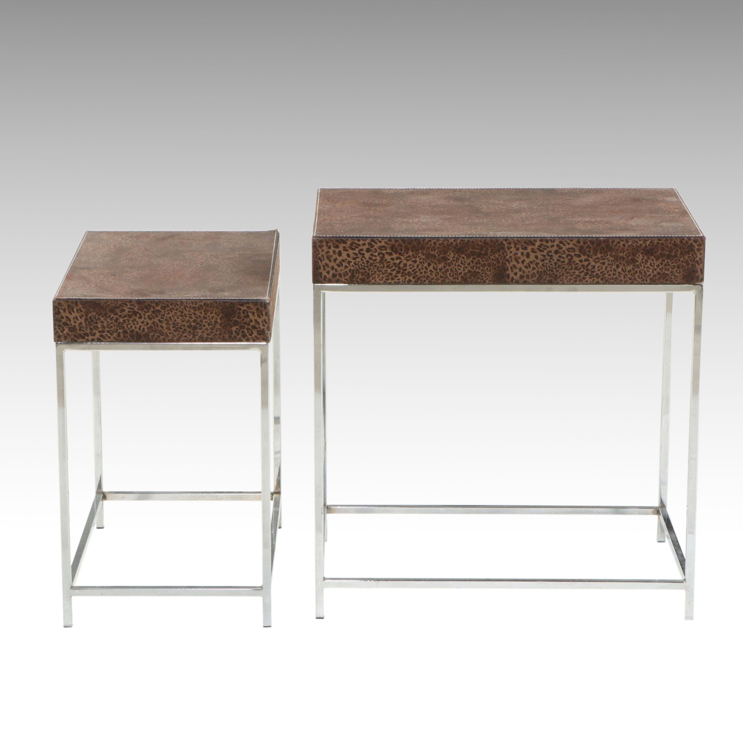 Pair of Leopard Print Upholstered Occasional Tables