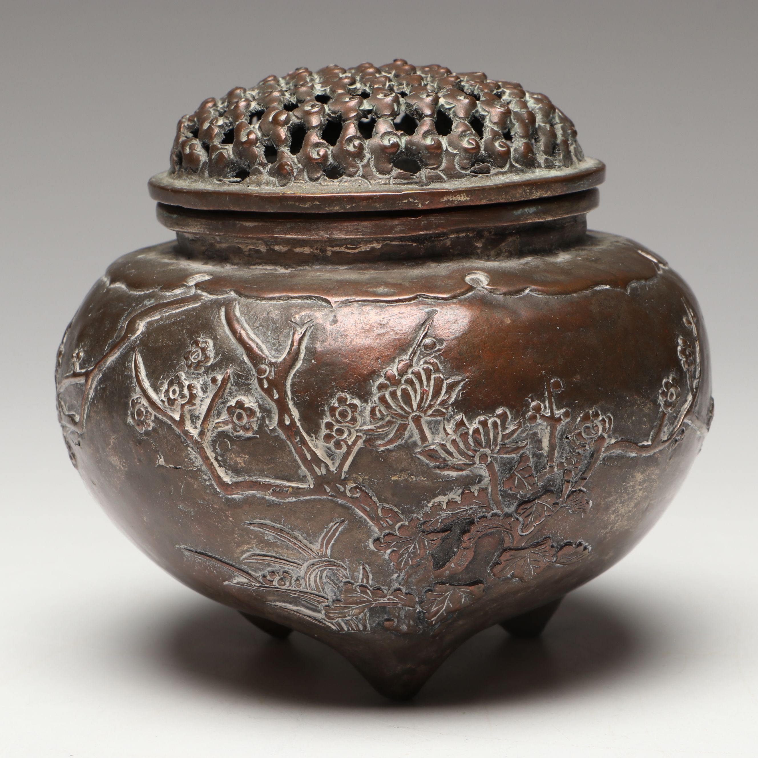 Chinese Embossed Plum Blossom Silver Plate Incense Burner