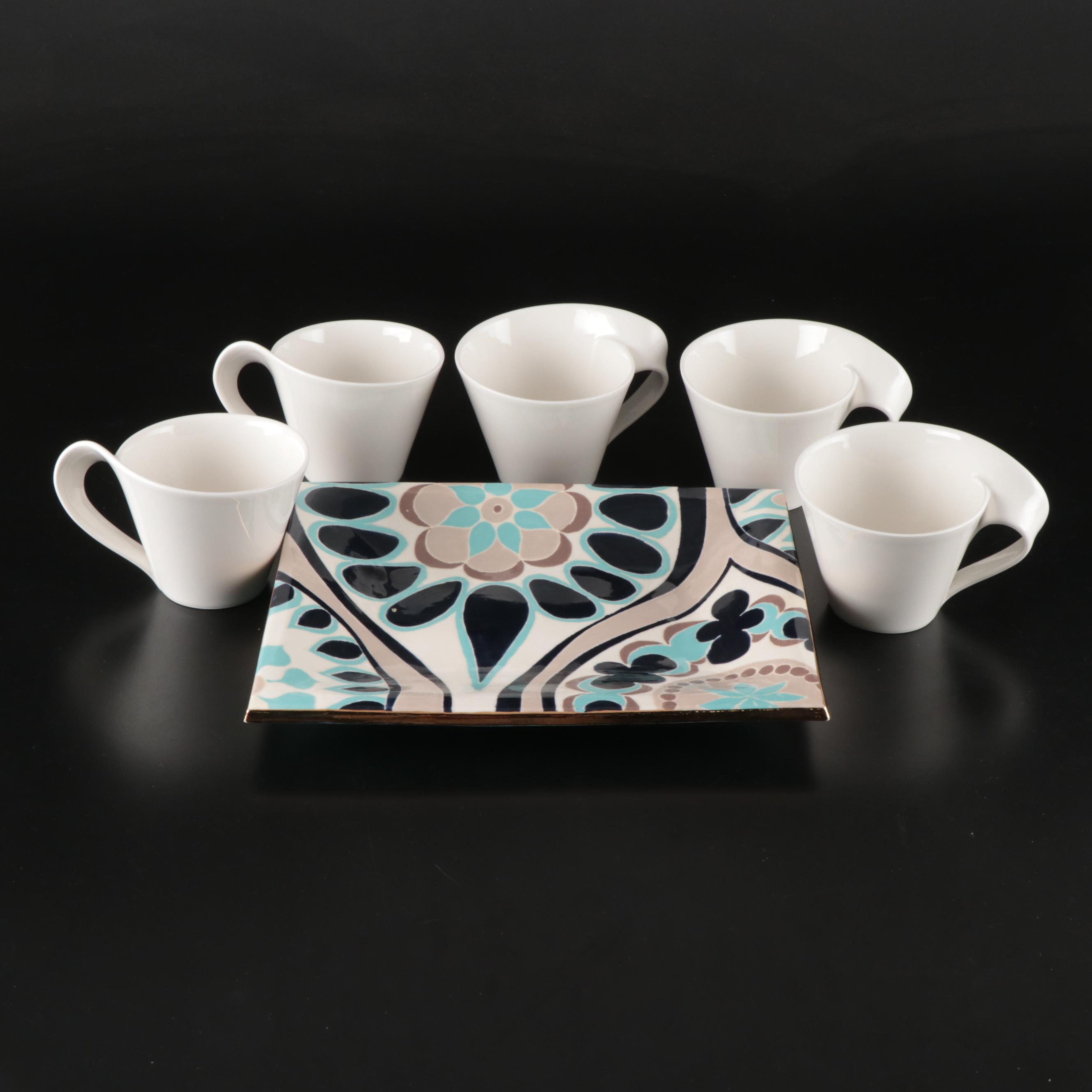 Jill Rosenwald Hand-Painted Ceramic Tray with Villeroy & Boch "New Wave" Mugs