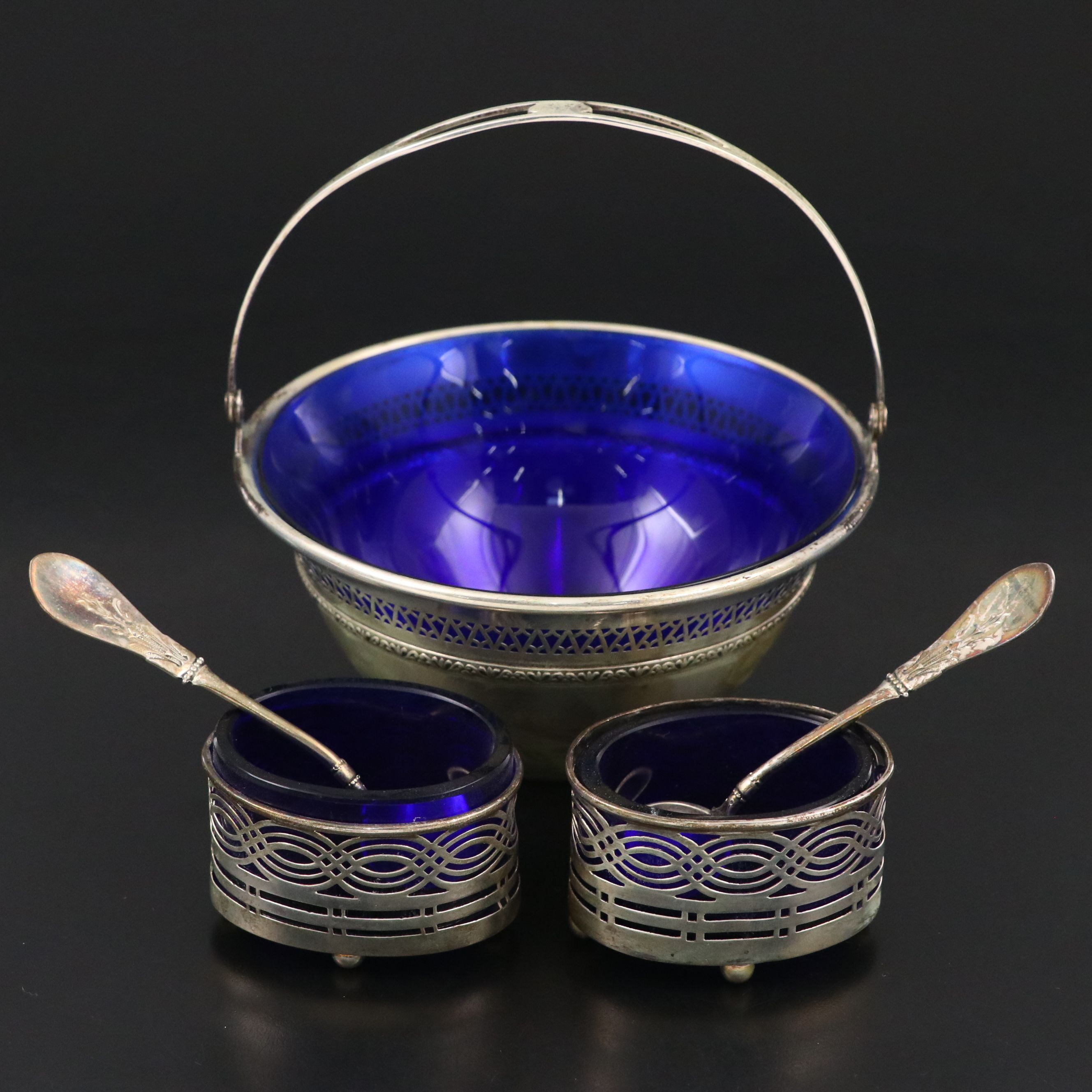 American Sterling Silver Salt Spoons and Sugar Bowl with English Salt Cellars