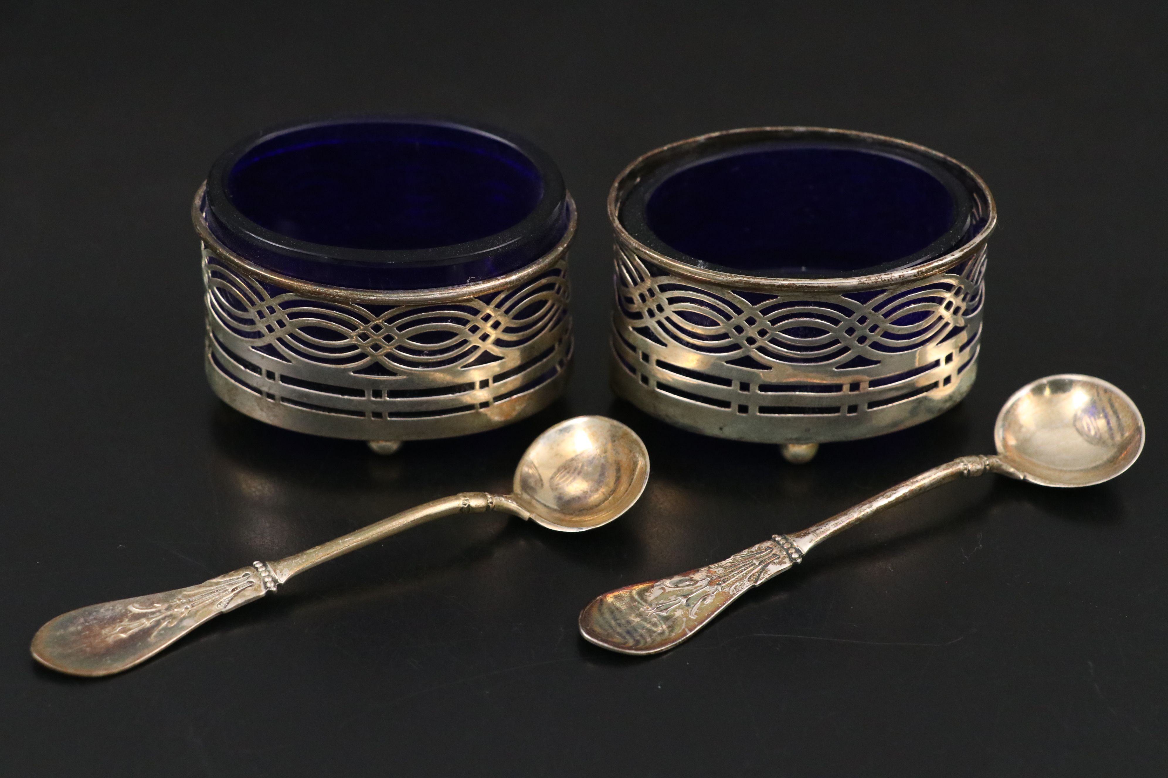 American Sterling Silver Salt Spoons and Sugar Bowl with English Salt Cellars