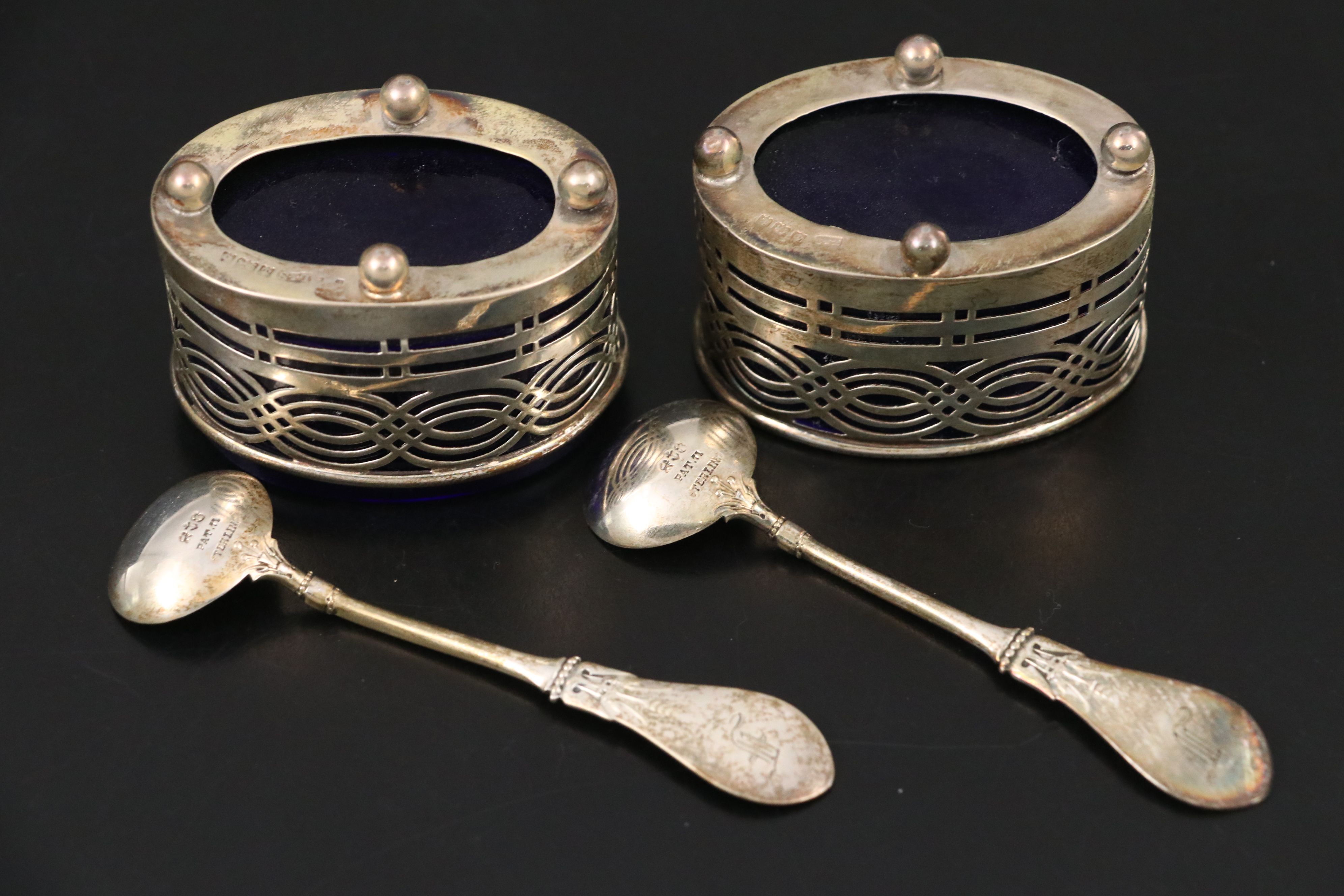 American Sterling Silver Salt Spoons and Sugar Bowl with English Salt Cellars