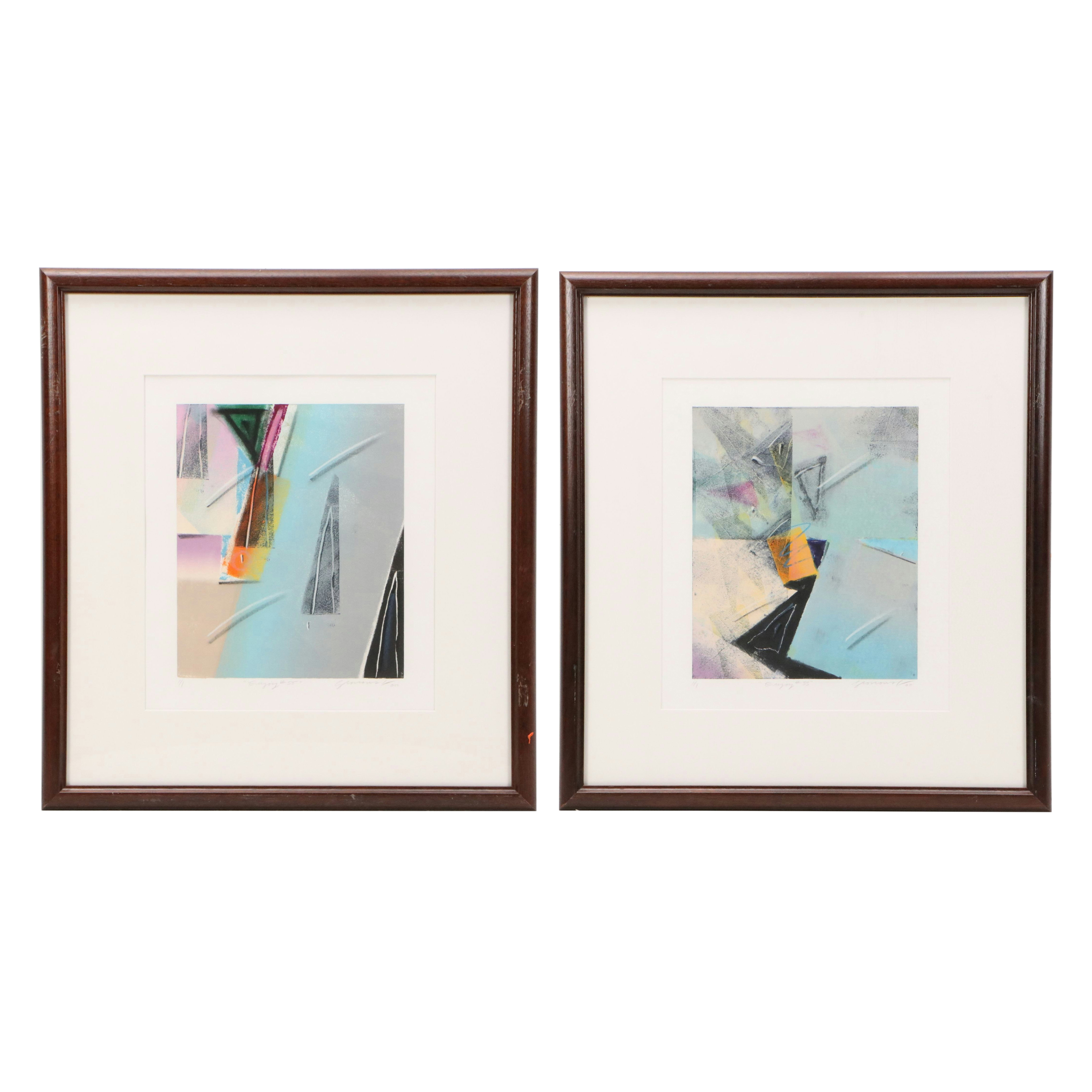 Monoprint Abstract Diptych "Enjoy," 1989