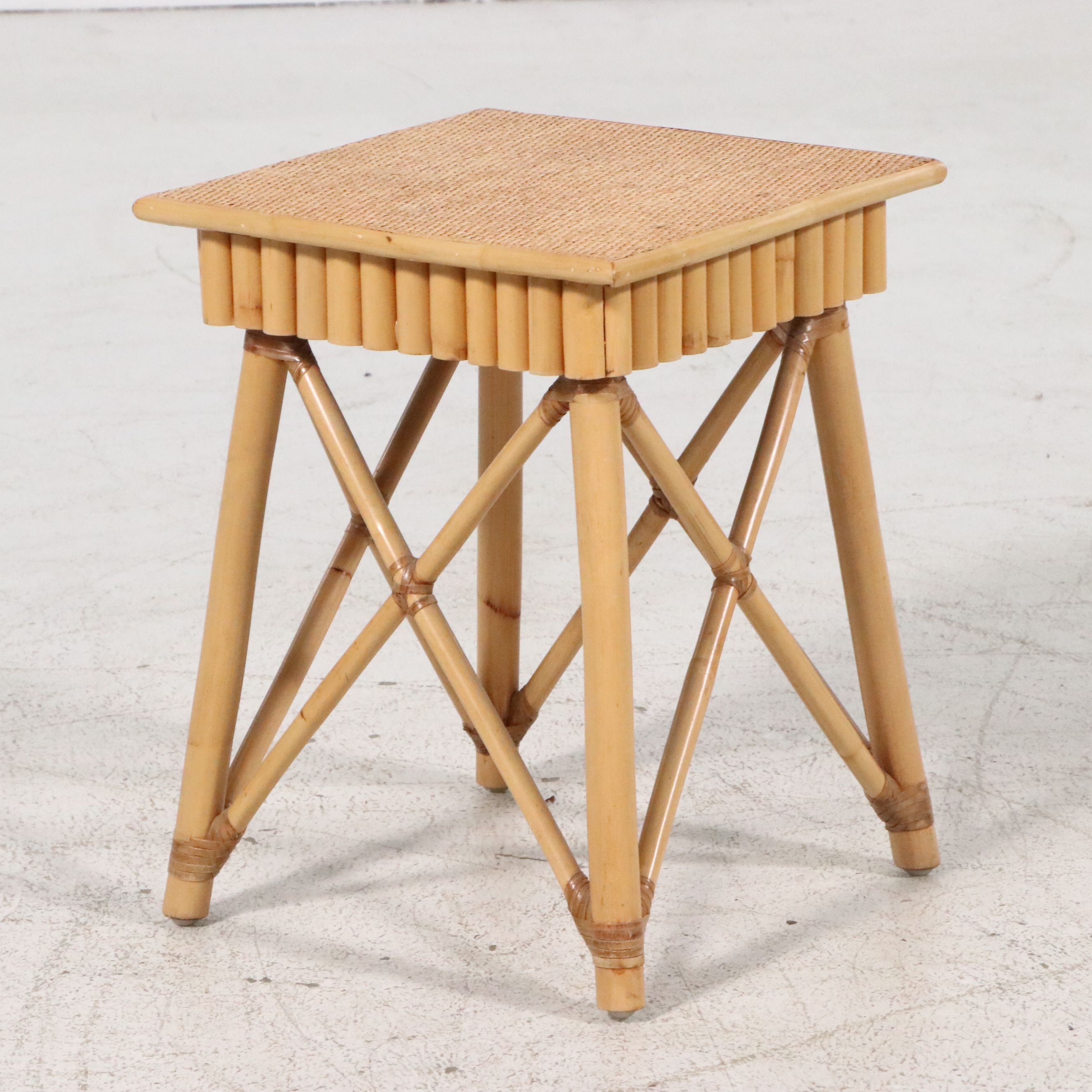 Pair of Mid-Century Style Bamboo and Rattan X-Base End Tables/Stools