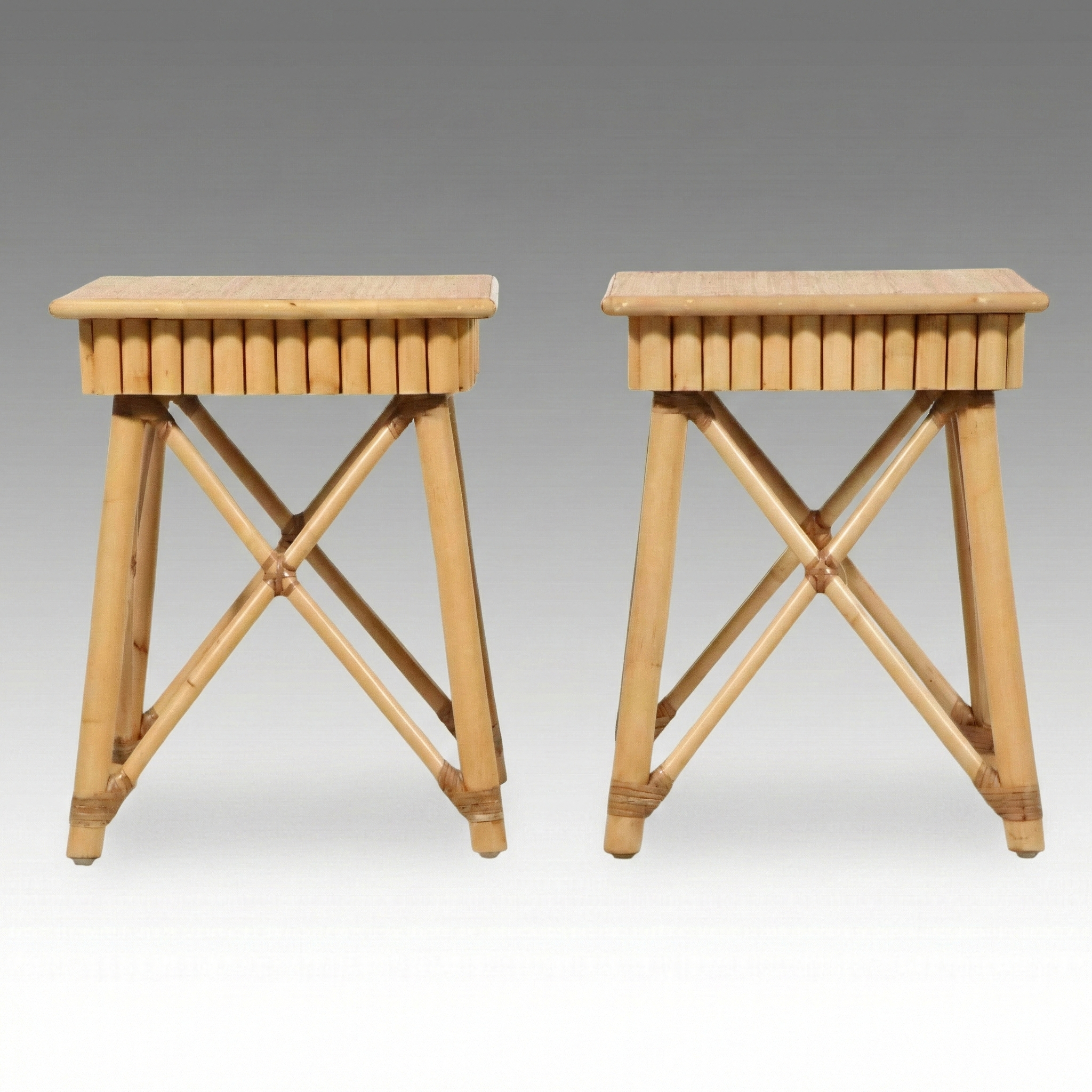 Pair of Mid-Century Style Bamboo and Rattan X-Base End Tables/Stools