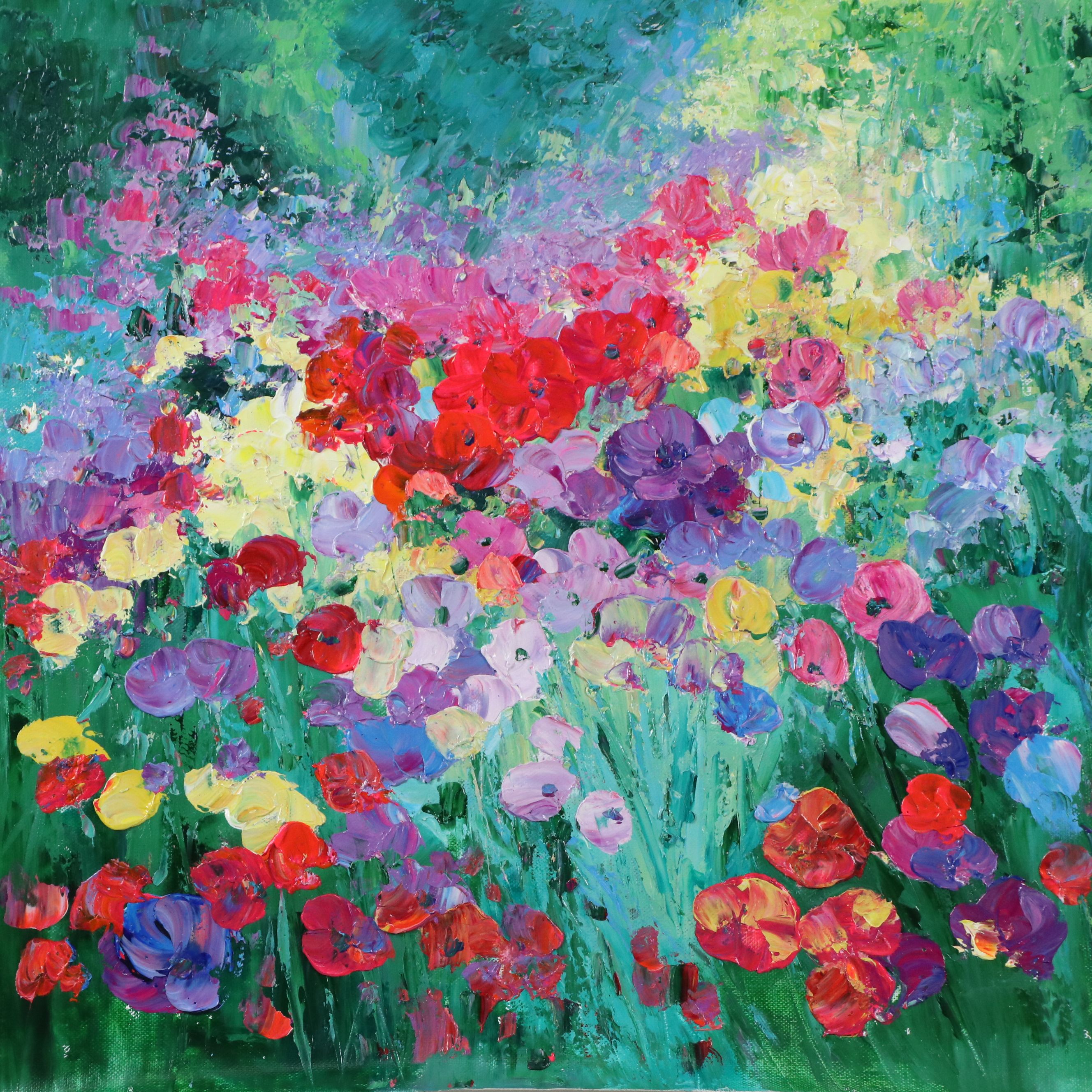 Ping Impasto Acrylic Painting of Field of Flowers, 21st Century