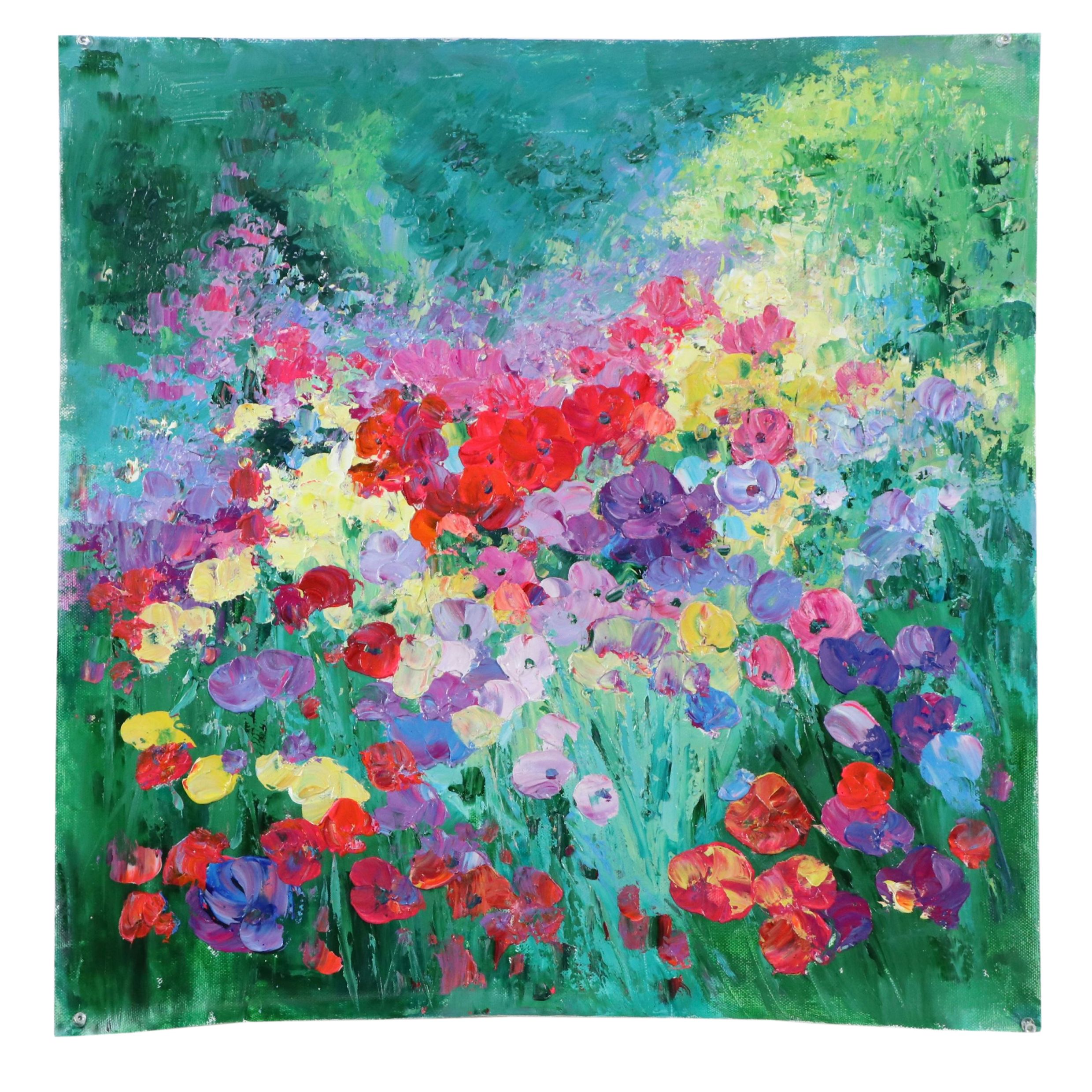 Ping Impasto Acrylic Painting of Field of Flowers, 21st Century