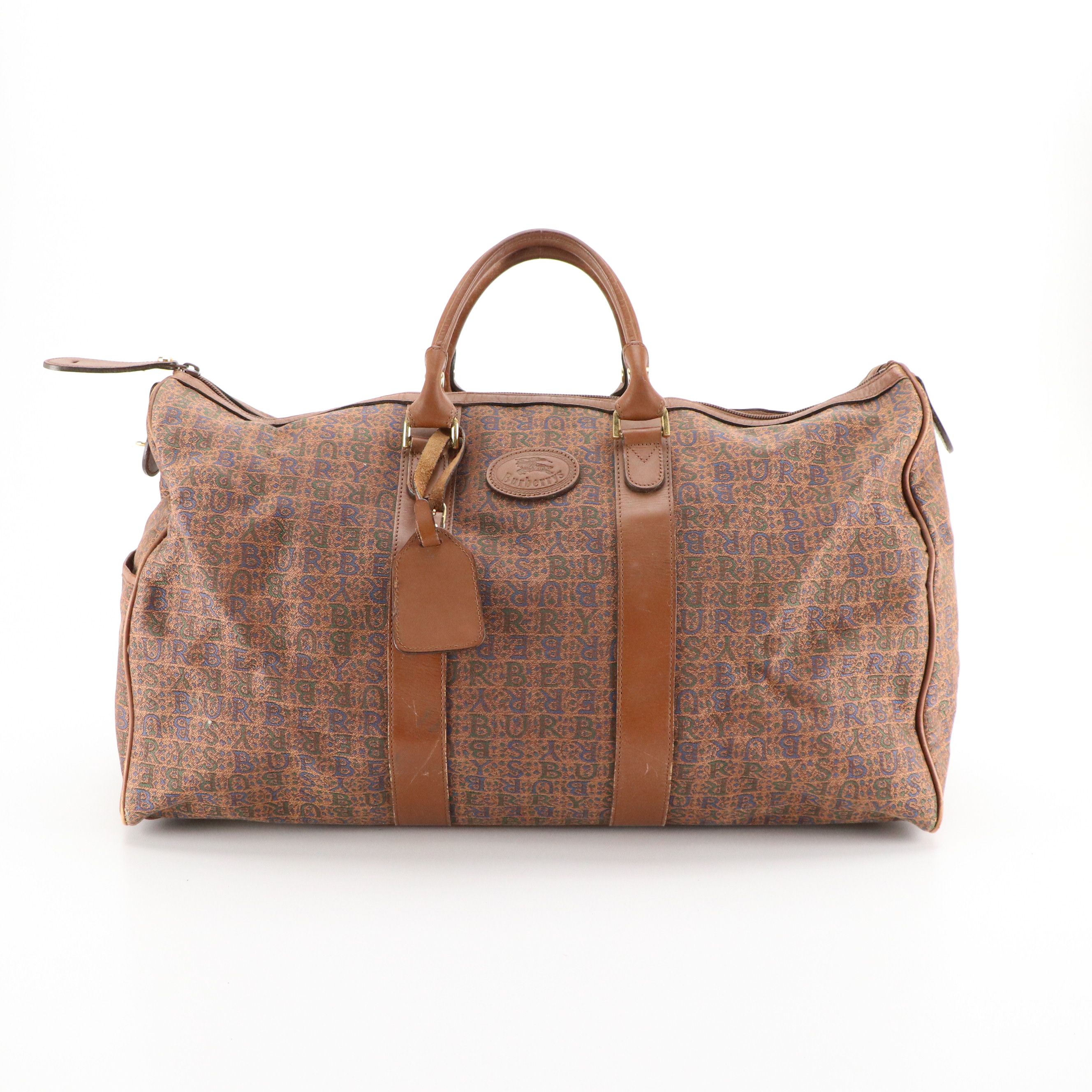 Burberrys Vintage Weekend Duffel Bag in Jacquard Canvas and Brown Leather Trim