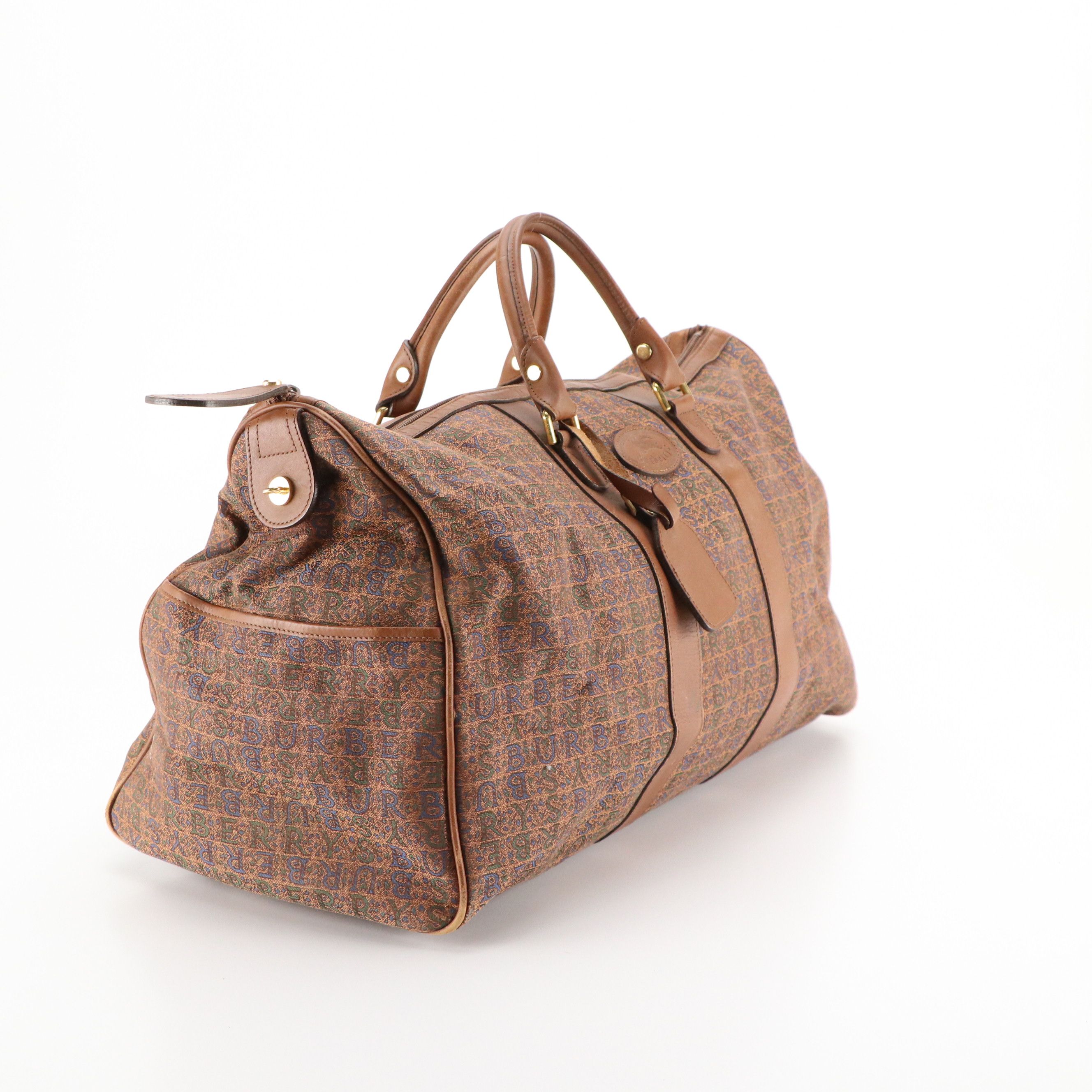 Burberrys Vintage Weekend Duffel Bag in Jacquard Canvas and Brown Leather Trim