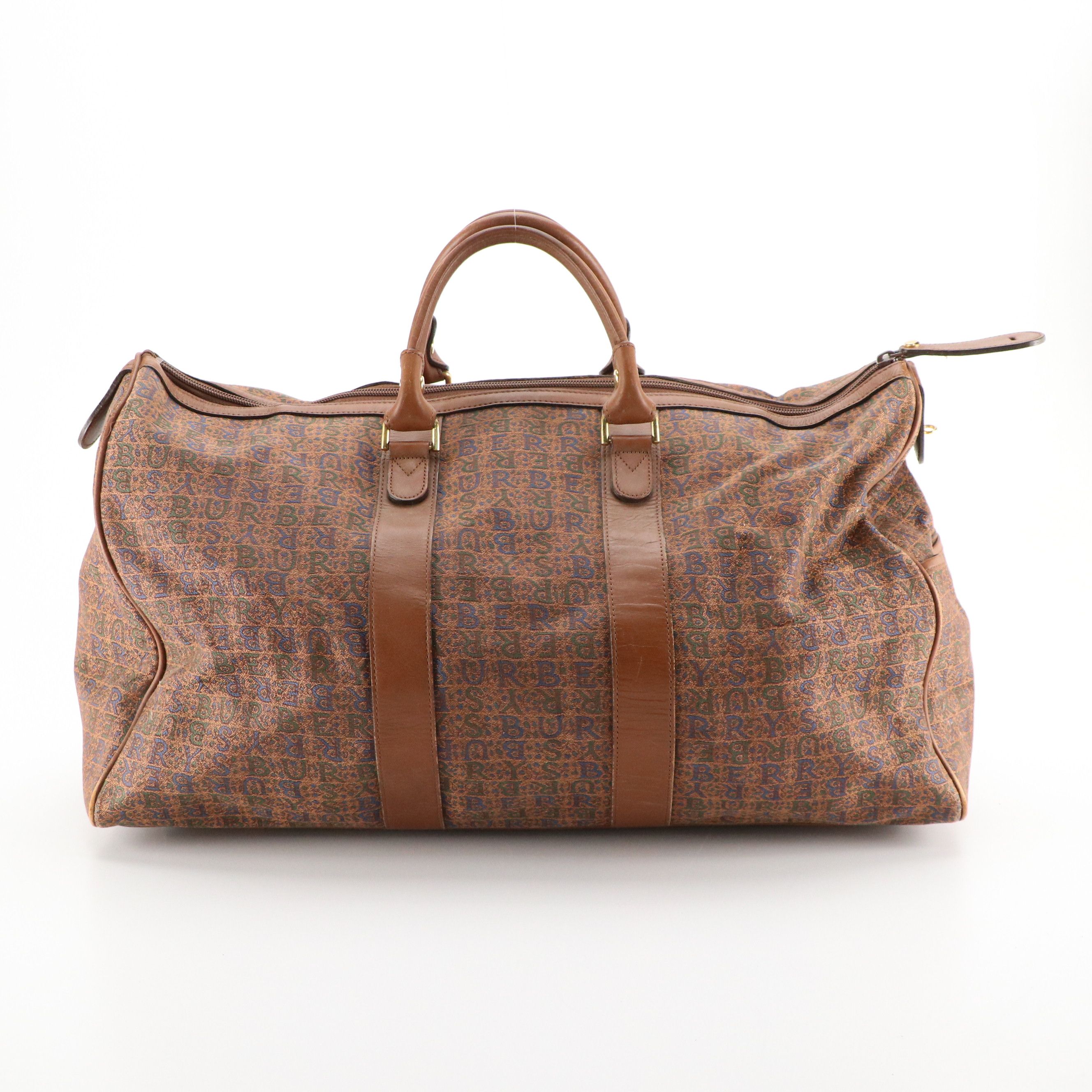 Burberrys Vintage Weekend Duffel Bag in Jacquard Canvas and Brown Leather Trim