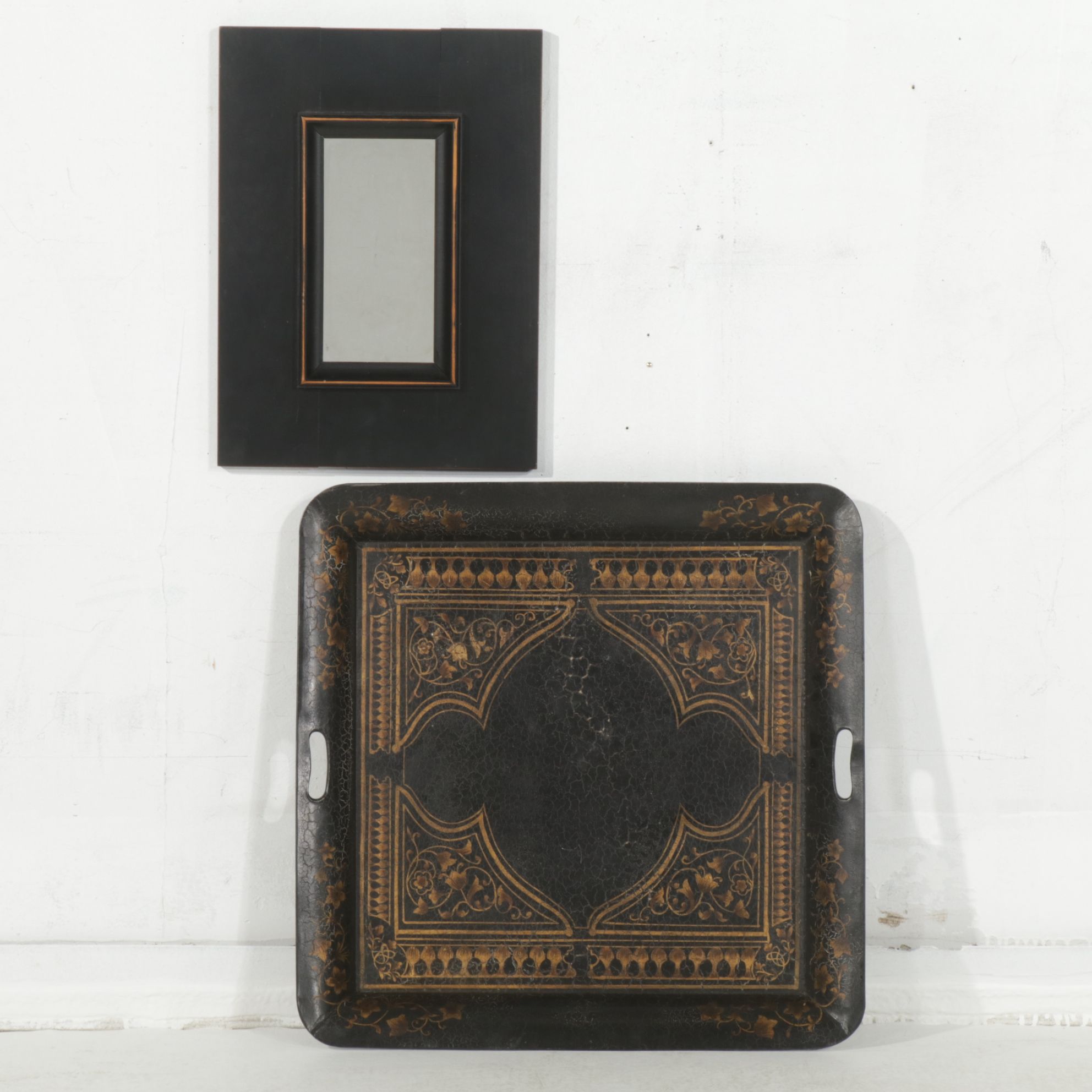 Anglo-Indian Style Black and Gold Toleware Serving Tray with Other Wall Mirror