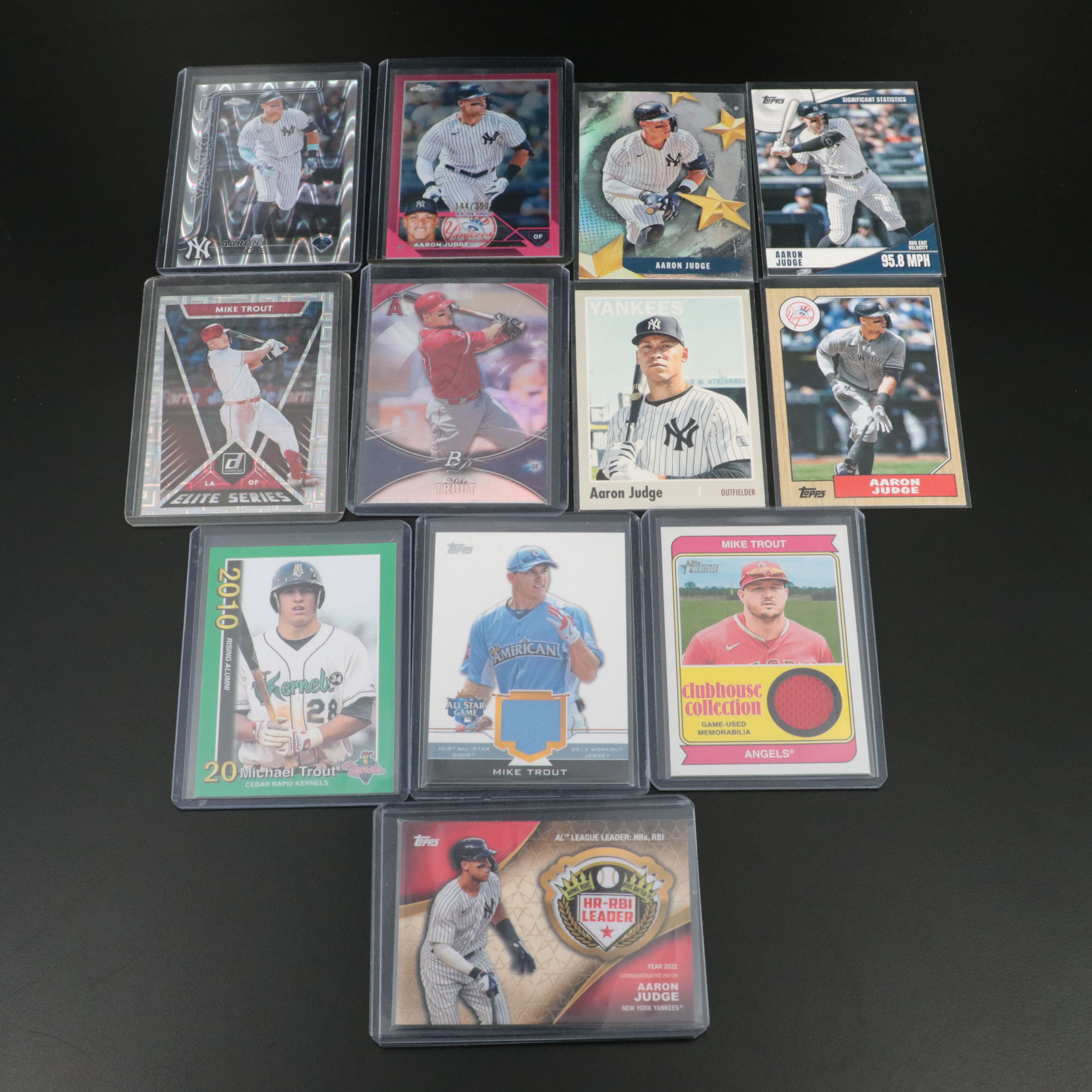 Mike Trout and Aaron Judge Baseball Cards with Relic, Serial Numbered, and More