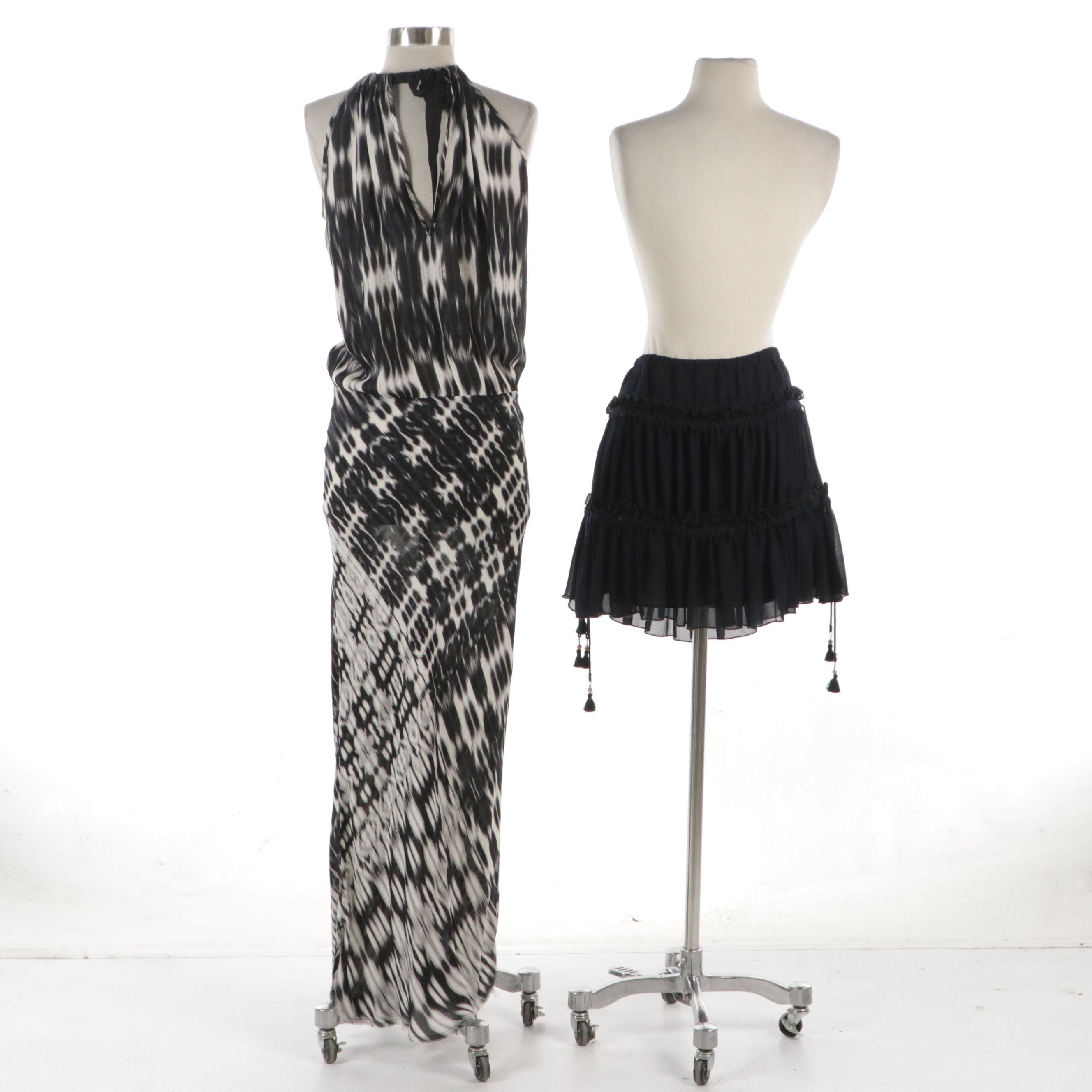 Nili Lotan Tye Dye Silk Halter Dress and See by Chloé Navy Ruffled Cotton Skirt