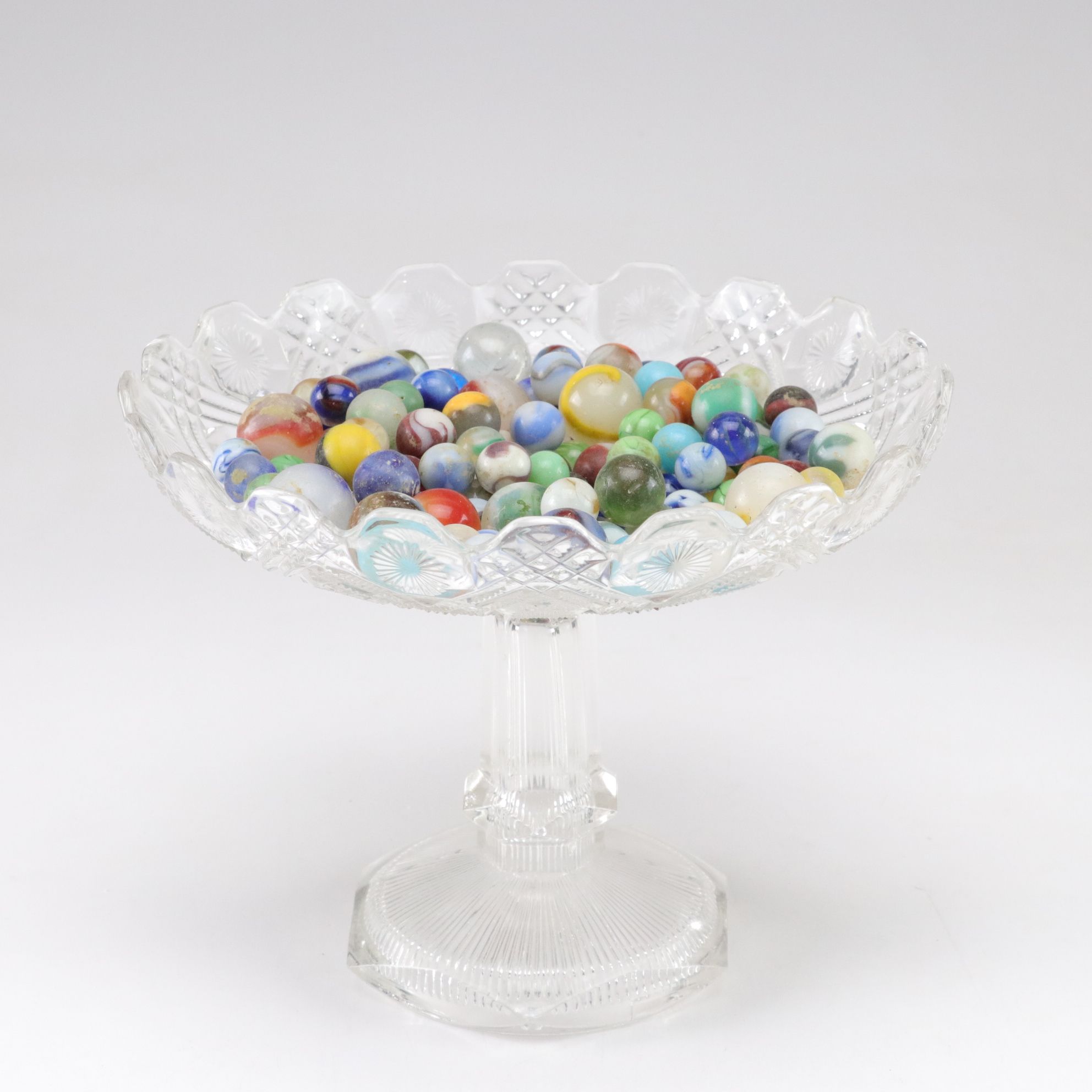 Pressed Glass Compote Bowl with Collection of Marbles