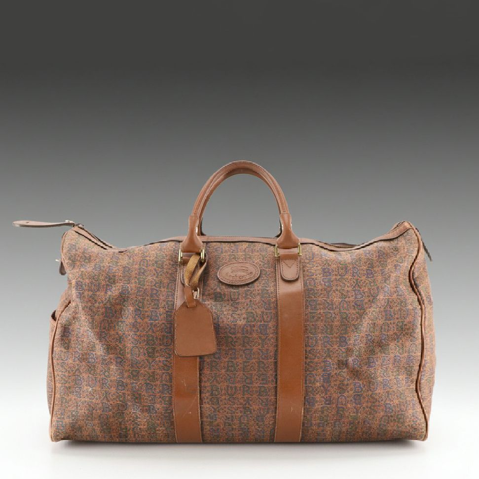Burberrys Vintage Weekend Duffel Bag in Jacquard Canvas and Brown Leather Trim