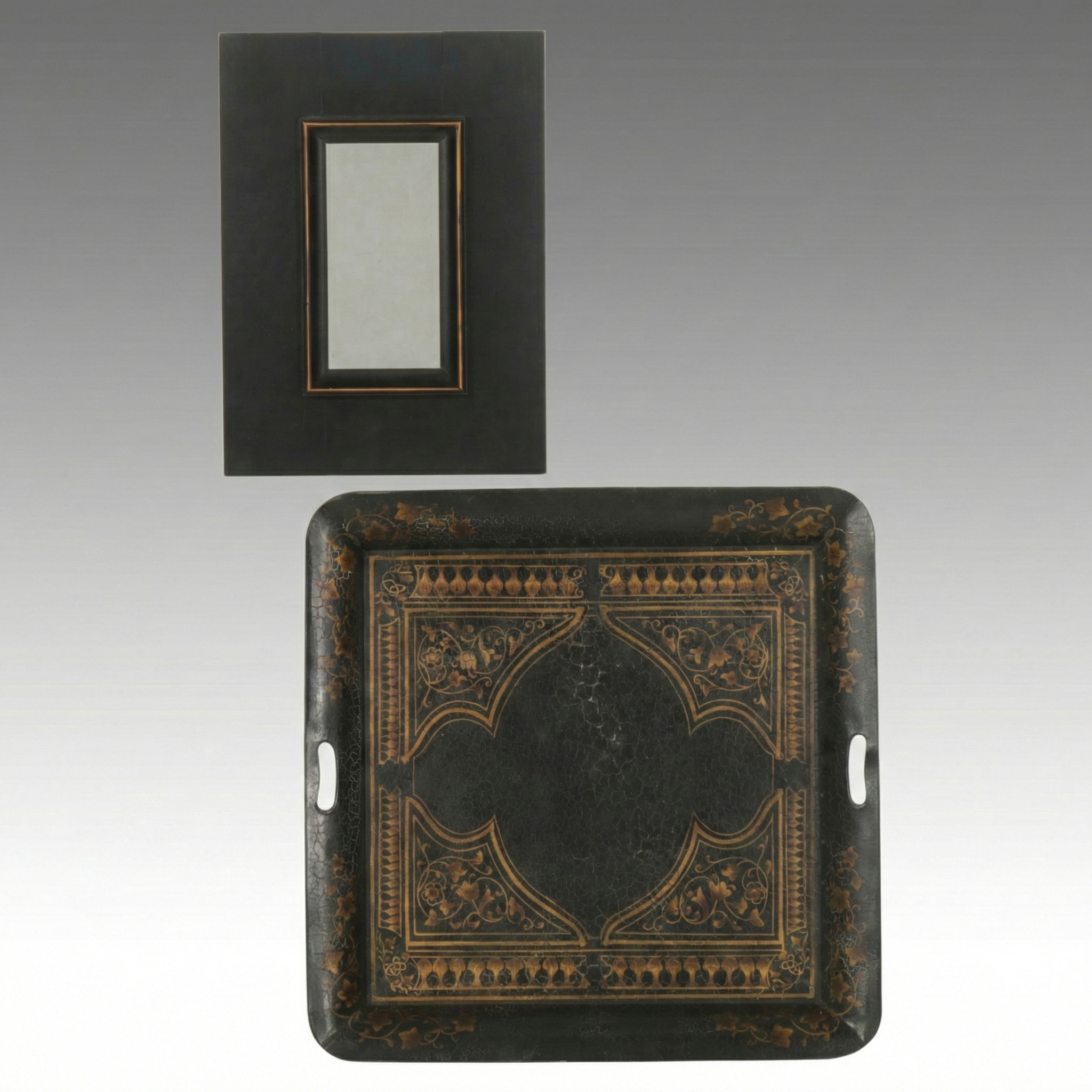 Anglo-Indian Style Black and Gold Toleware Serving Tray with Other Wall Mirror