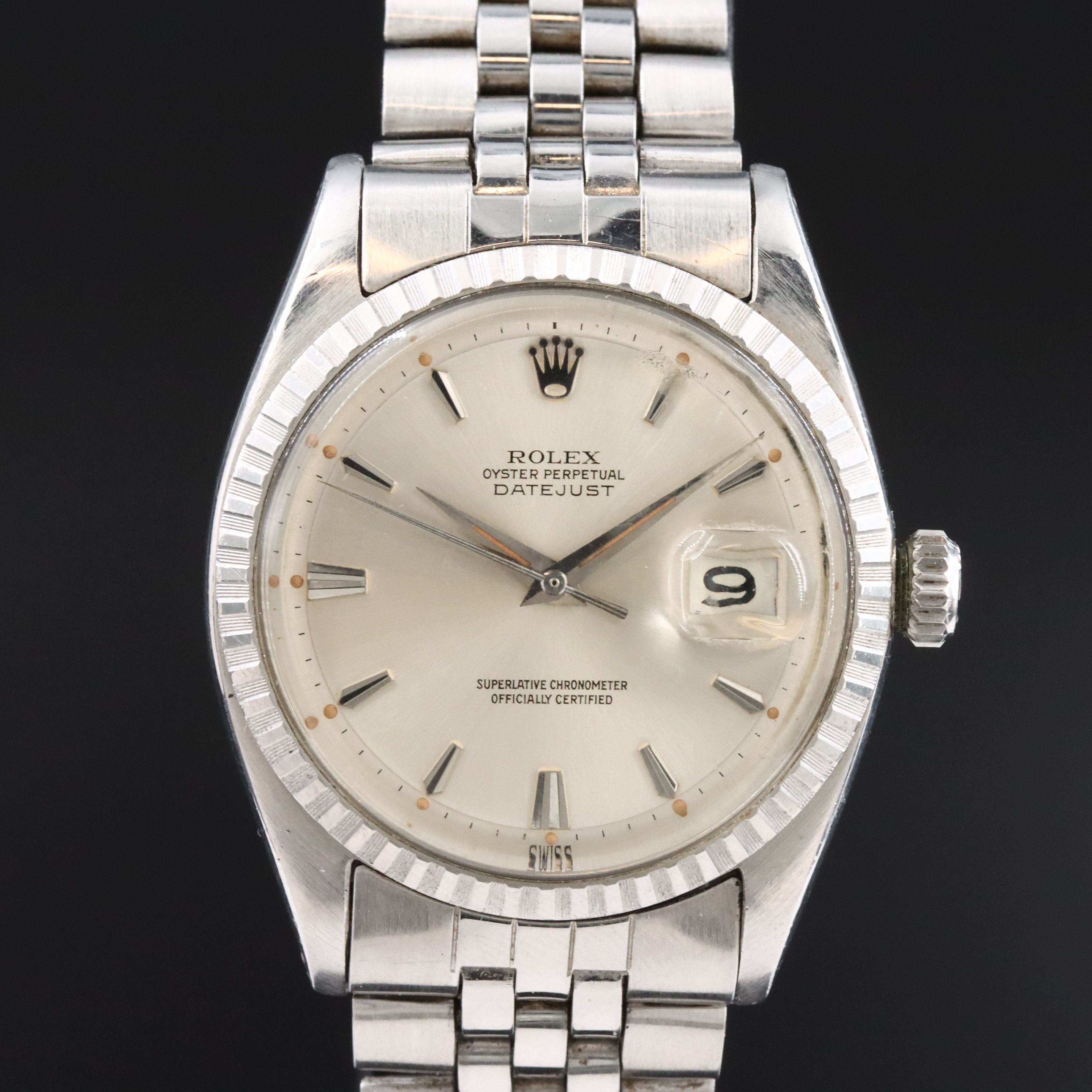 1961 Rolex Oyster Perpetual Engine Turned Bezel Stainless Steel Datejust Watch