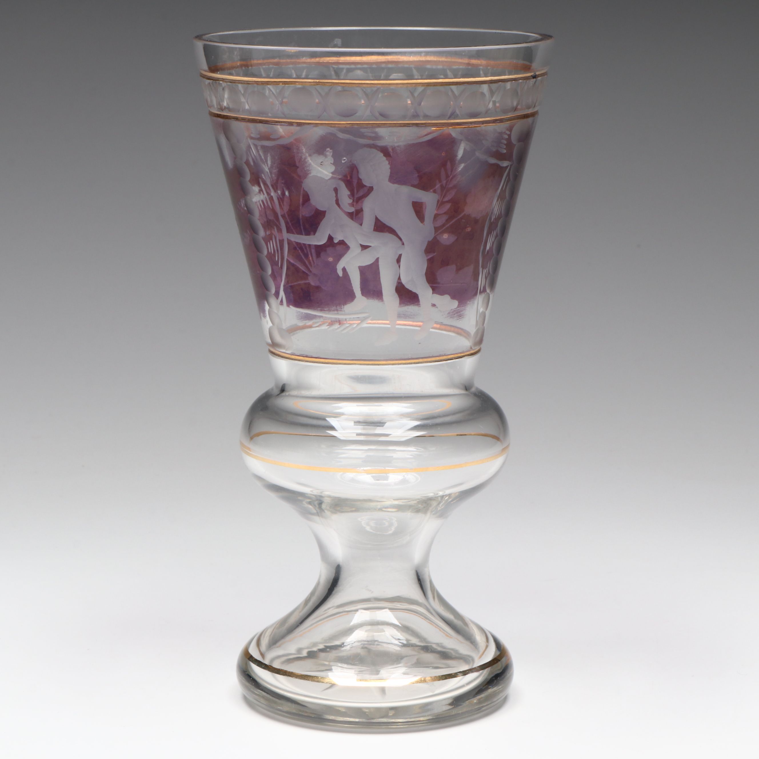 Bohemian Gilt and Amethyst Flashed Etched Glass Bacchanalian Chalice Vase