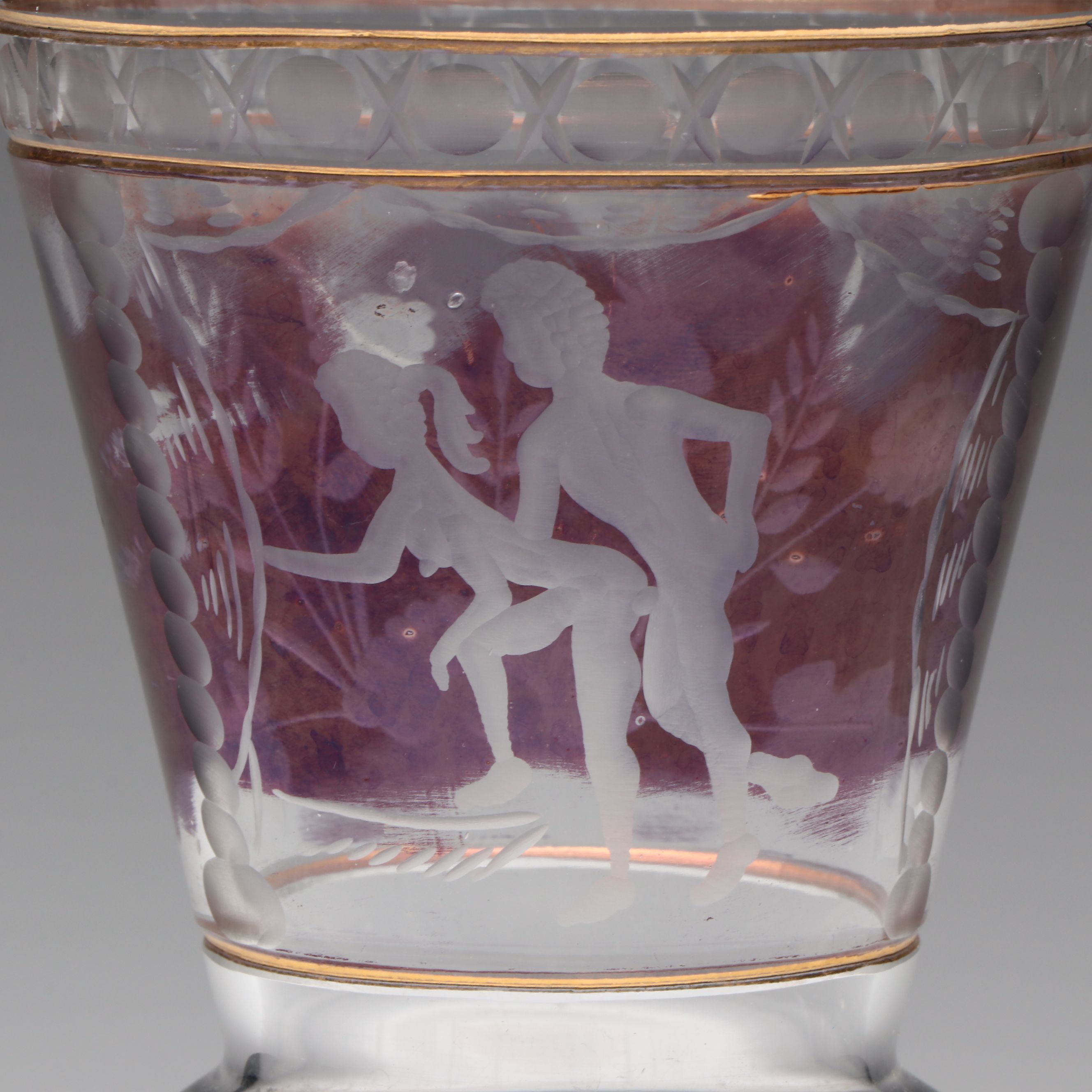 Bohemian Gilt and Amethyst Flashed Etched Glass Bacchanalian Chalice Vase