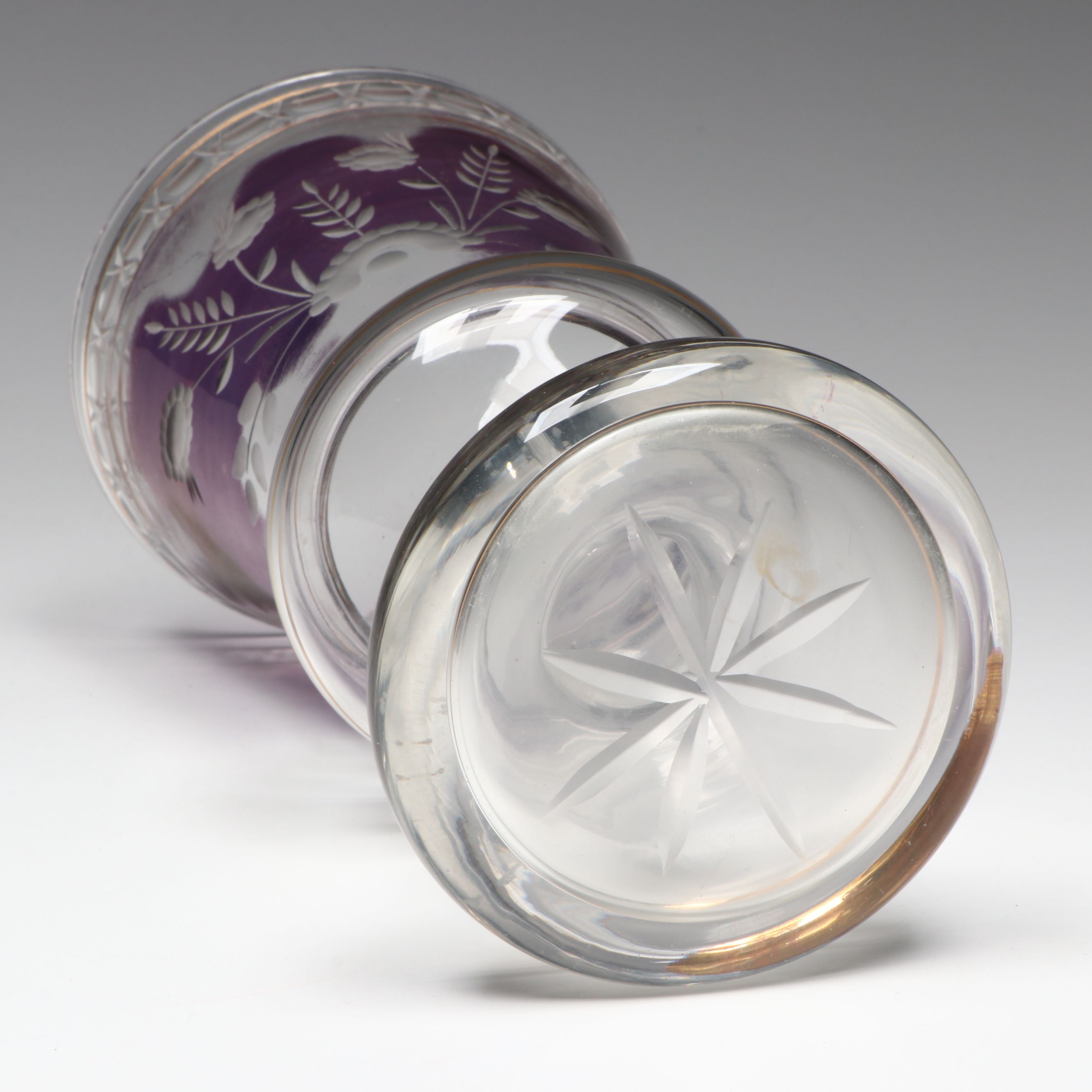 Bohemian Gilt and Amethyst Flashed Etched Glass Bacchanalian Chalice Vase