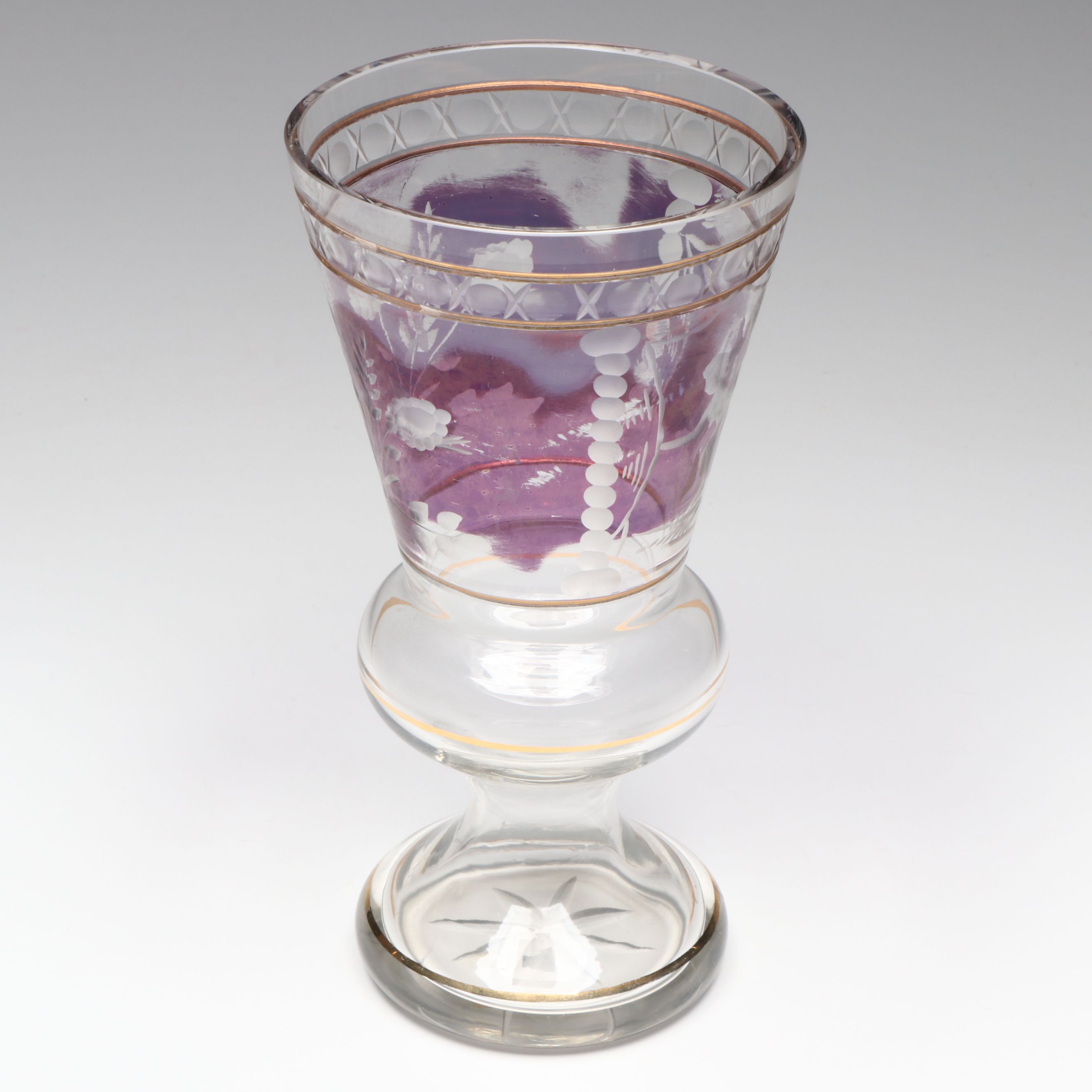 Bohemian Gilt and Amethyst Flashed Etched Glass Bacchanalian Chalice Vase
