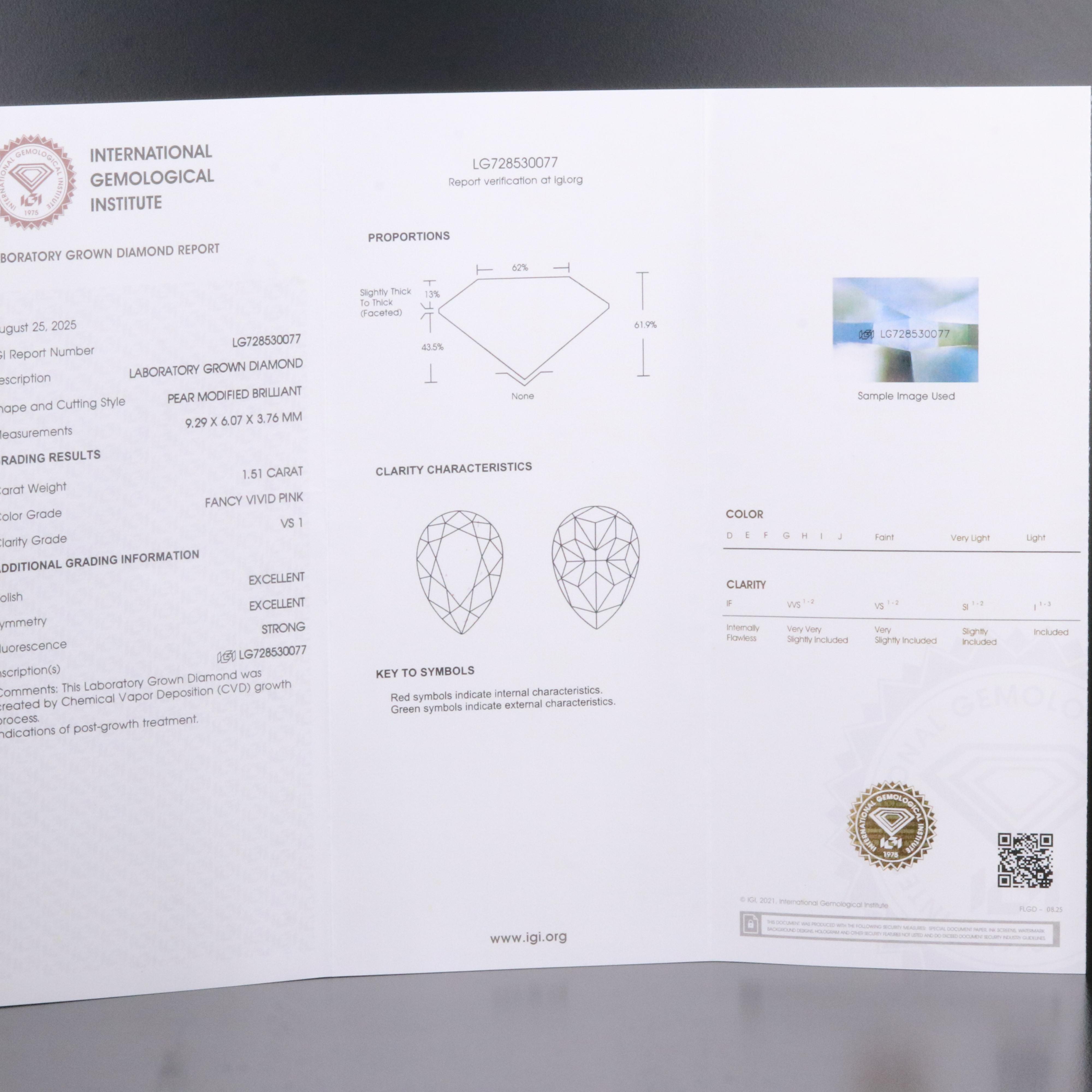 Loose 1.51 CT Lab Grown Fancy Vivid Pink Diamond with IGI Report