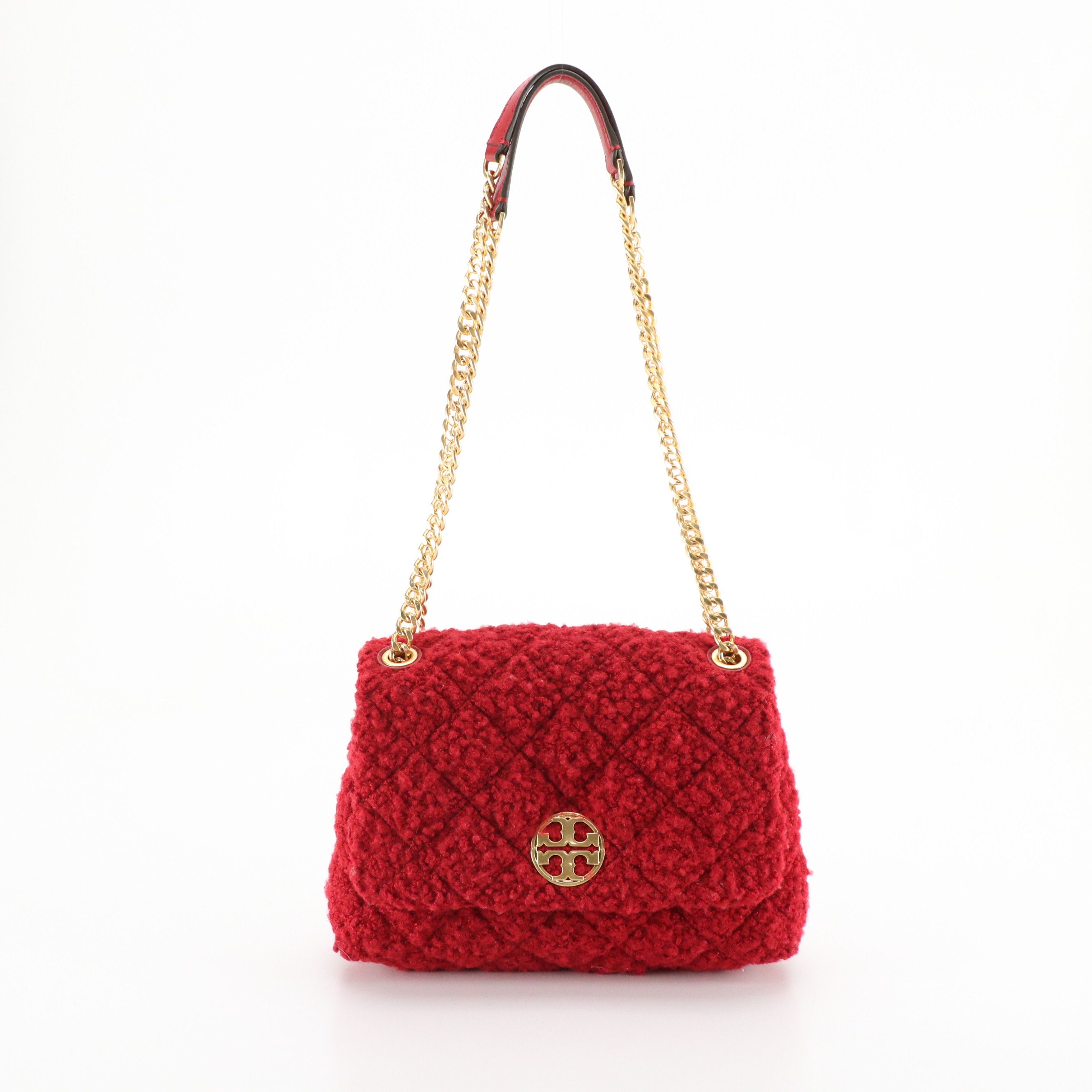 Tory Burch Willa Bouclé "Teddy Bear" Small Shoulder Bag in Pomegranate Red