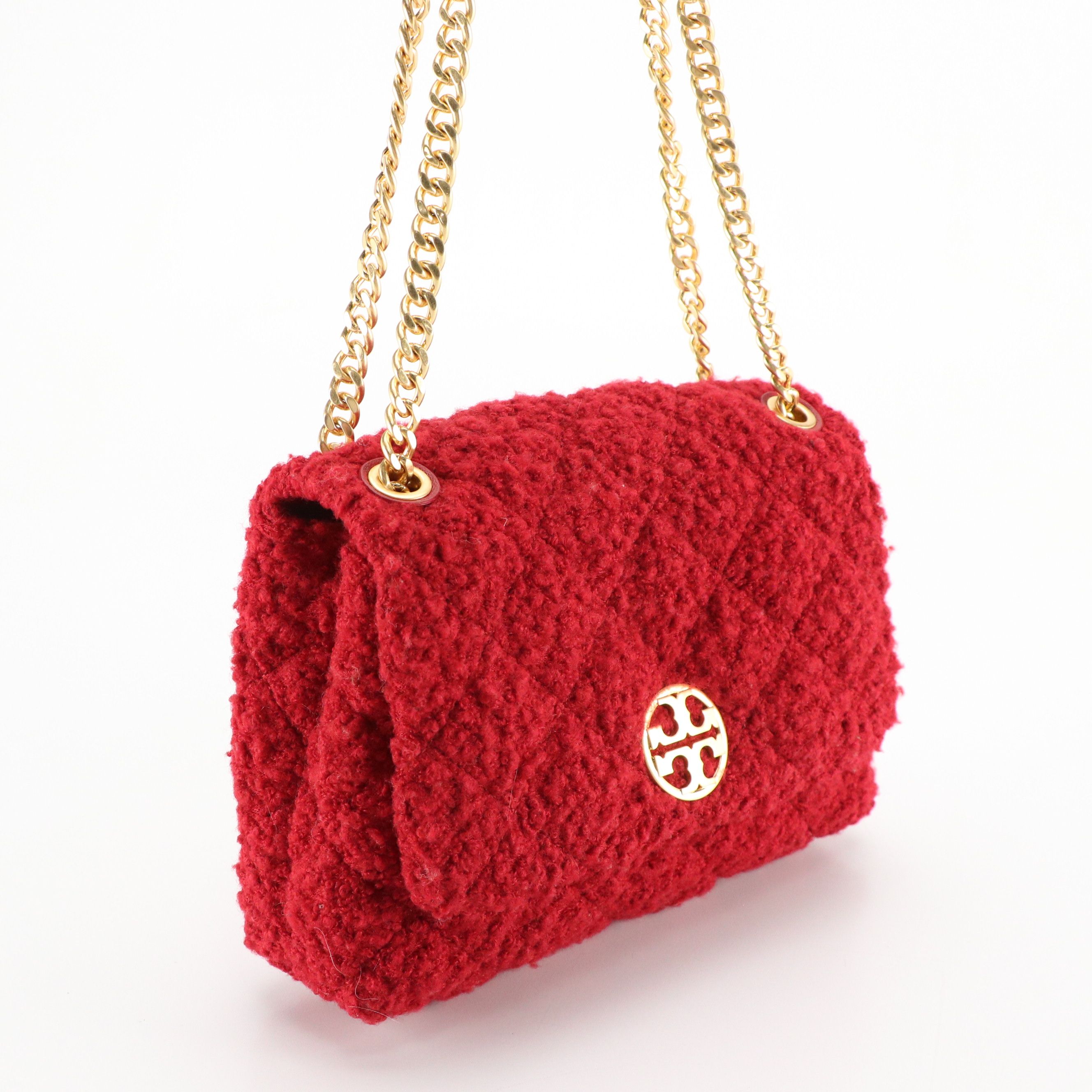 Tory Burch Willa Bouclé "Teddy Bear" Small Shoulder Bag in Pomegranate Red