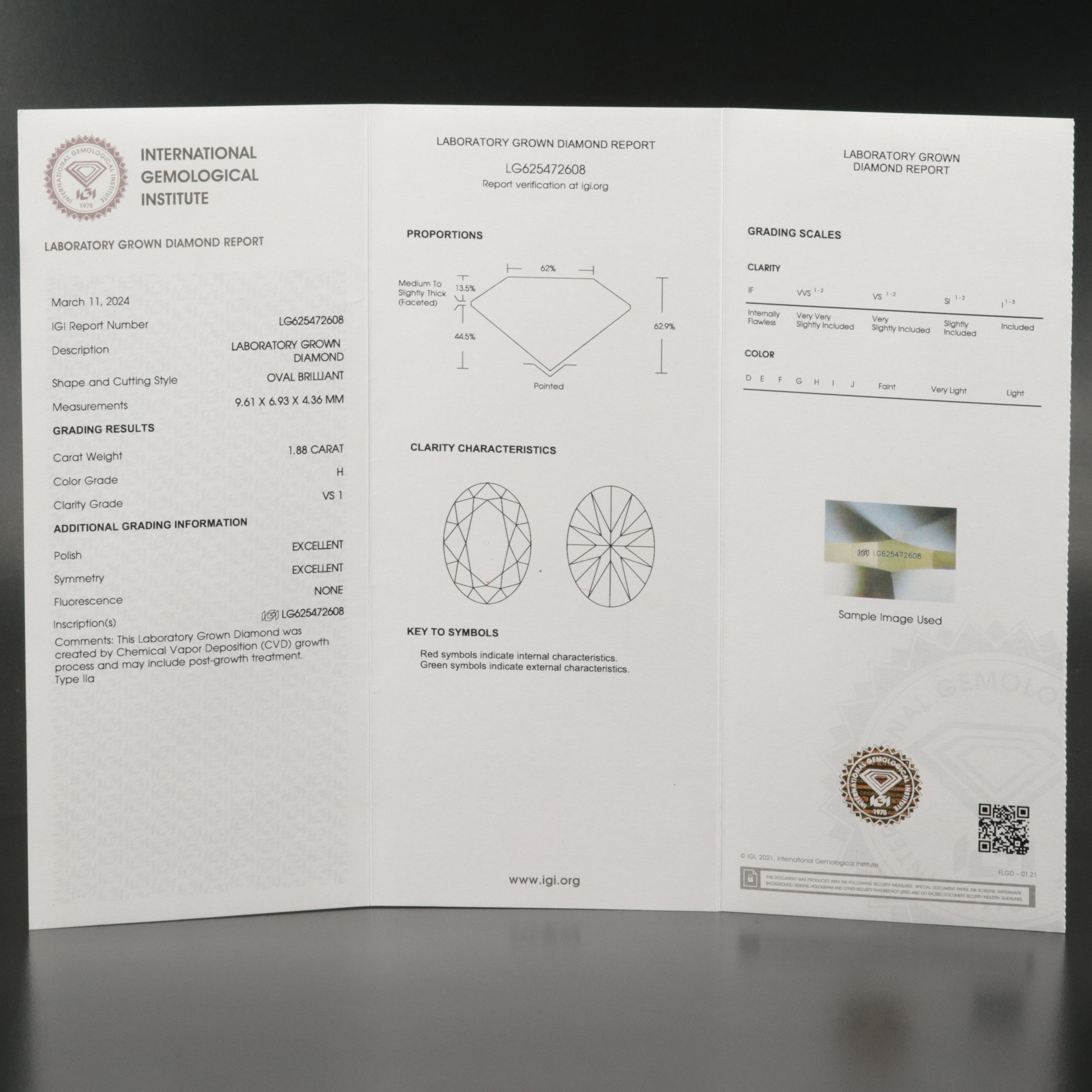 Loose 1.88 CT Lab Grown Diamond with IGI Report