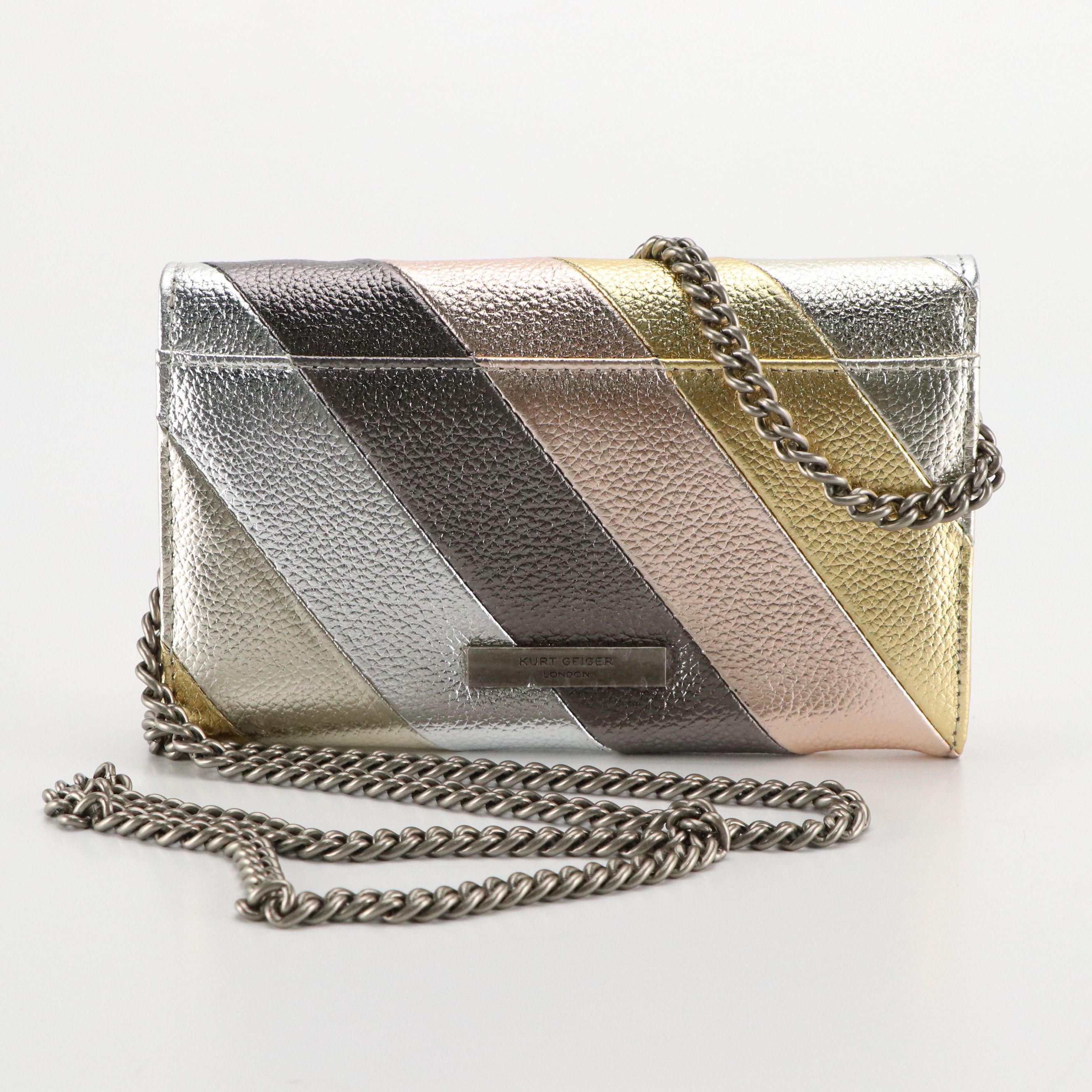 Kurt Geiger Metallic Stripe Grain Leather Kensington Chain Wallet with Tag