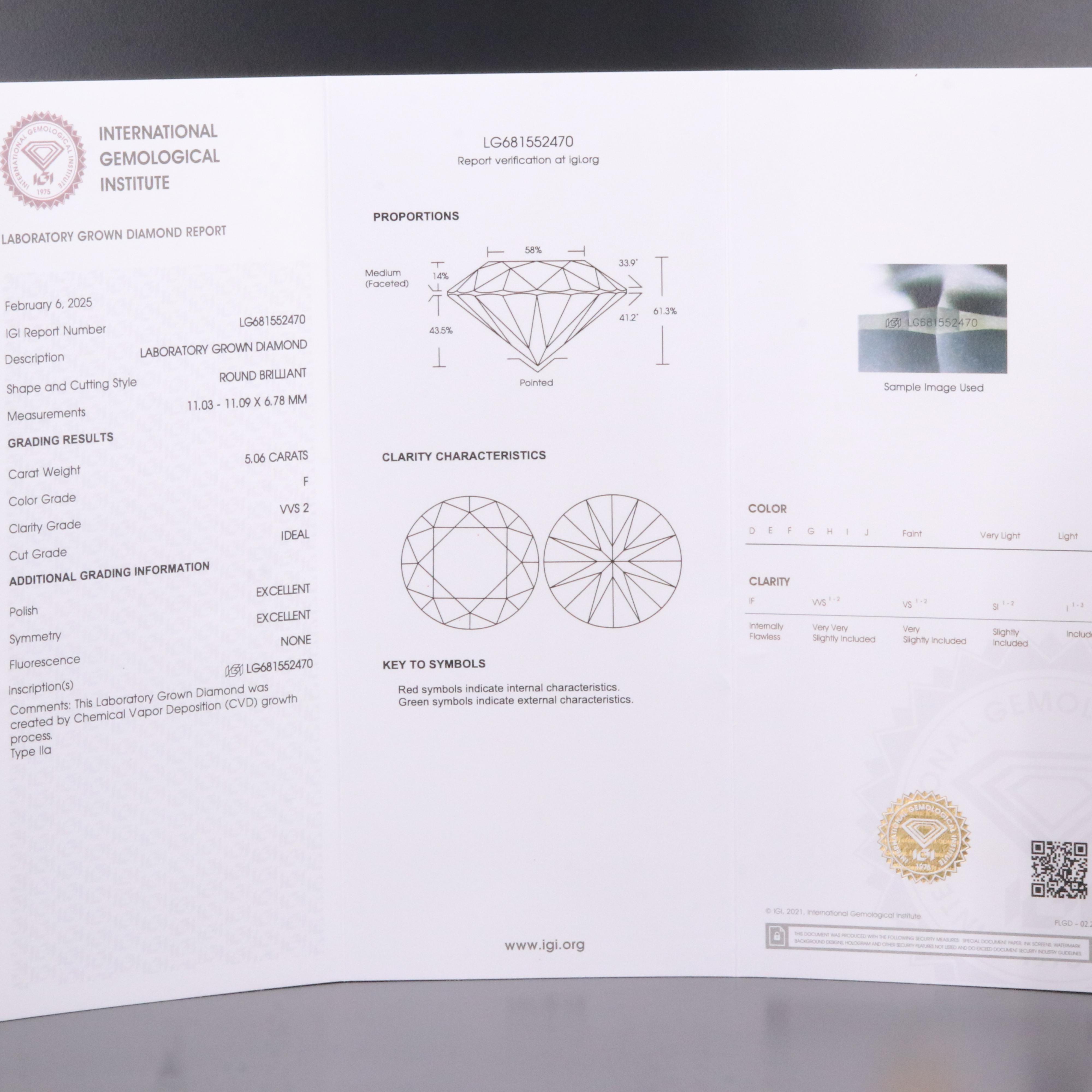 Loose 5.06 CT Lab Grown Diamond with IGI Report