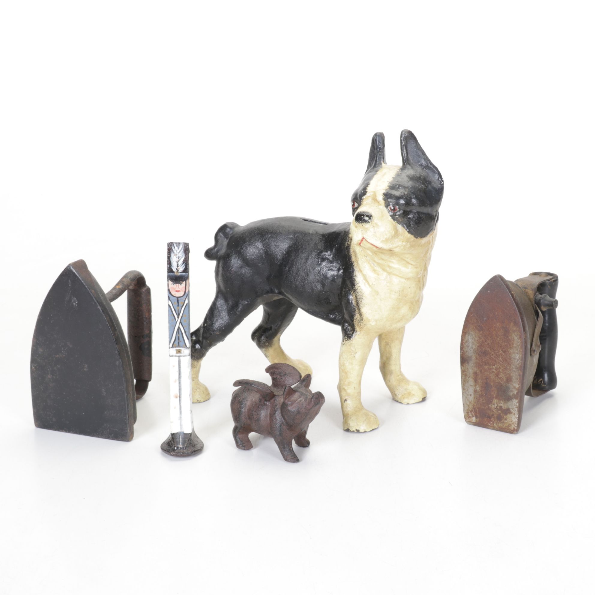Cast Iron Boston Terrier Coin Bank with Pair of Sad Irons & Figurines