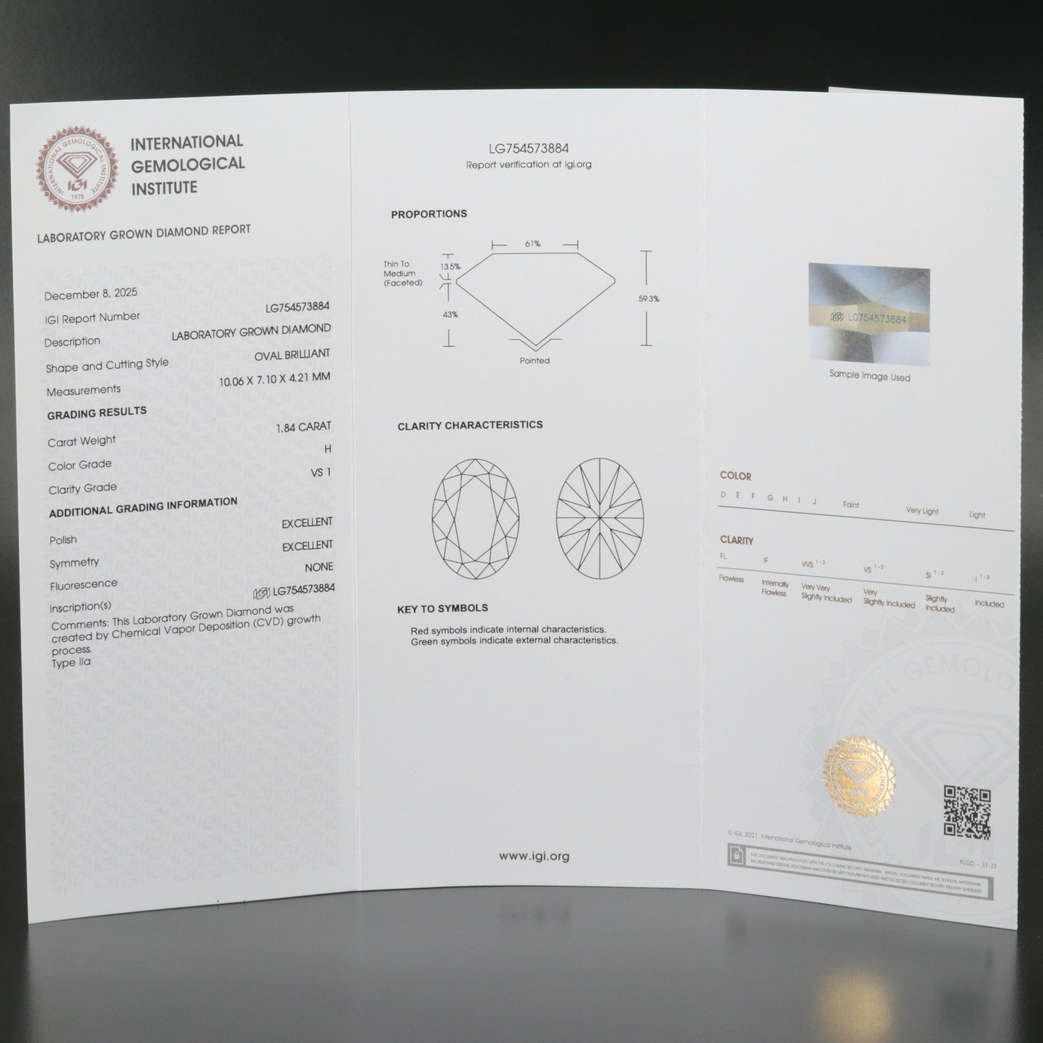 Loose 1.84 CT Lab Grown Diamond with IGI Report