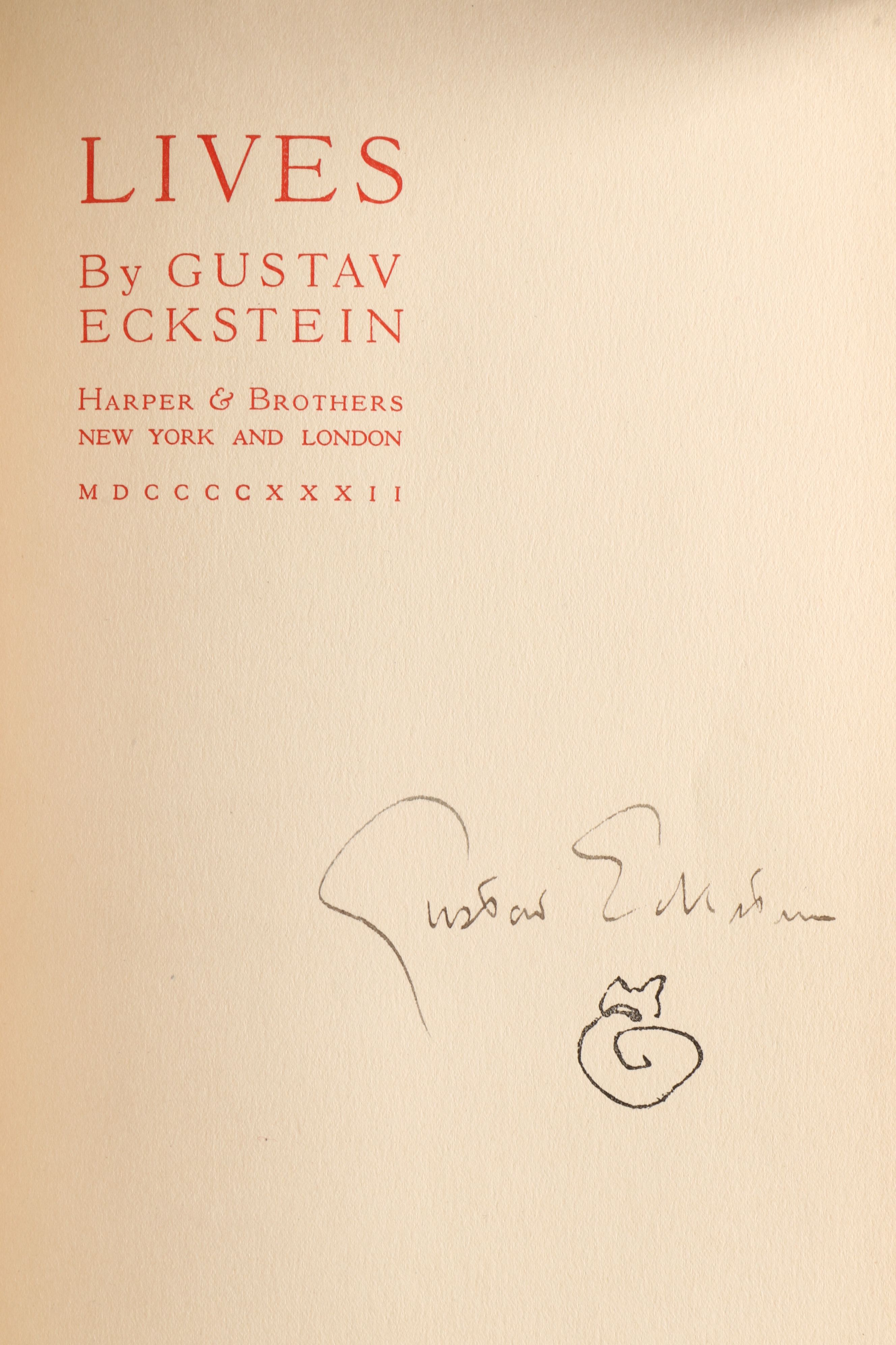 Signed First Edition "Lives" by Gustav Eckstein, 1932