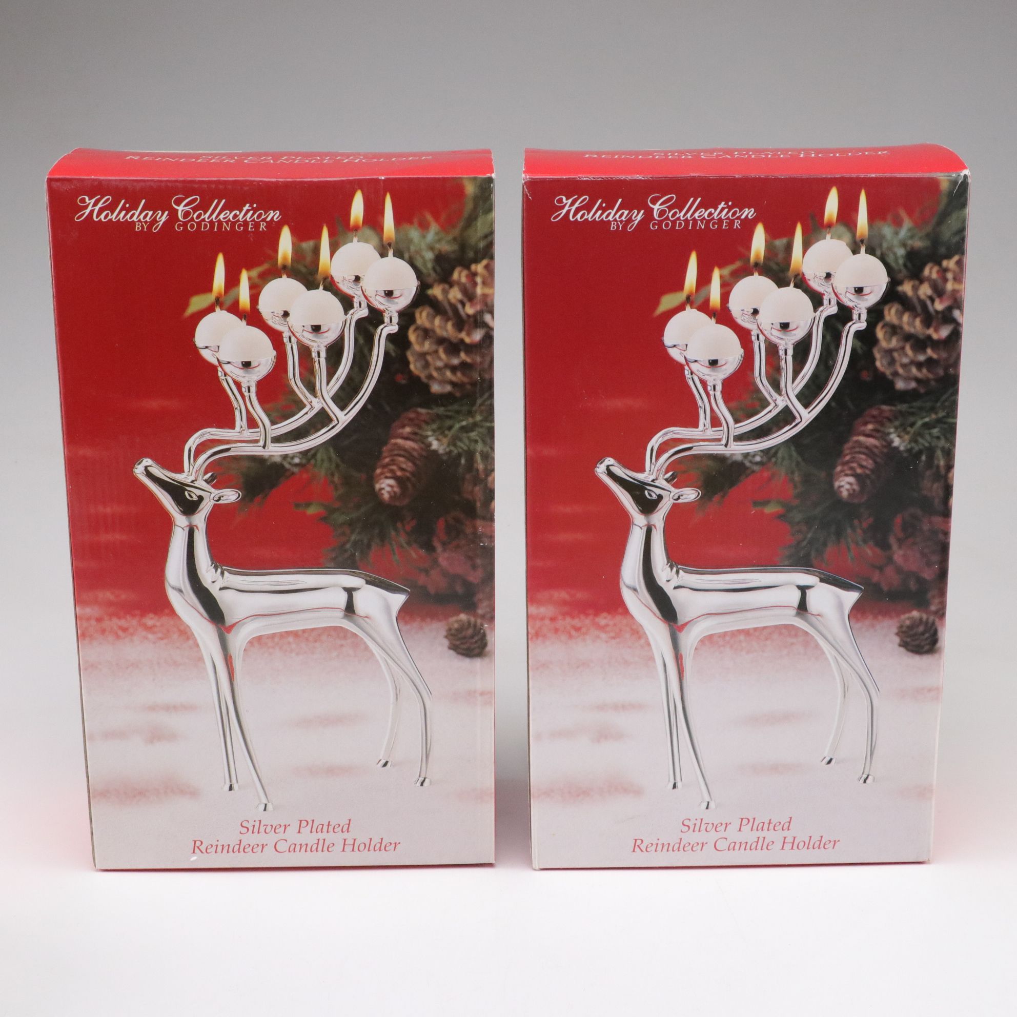 Godinger Silver Plate Reindeer Candle Holders with Log Candles, Ornaments & More