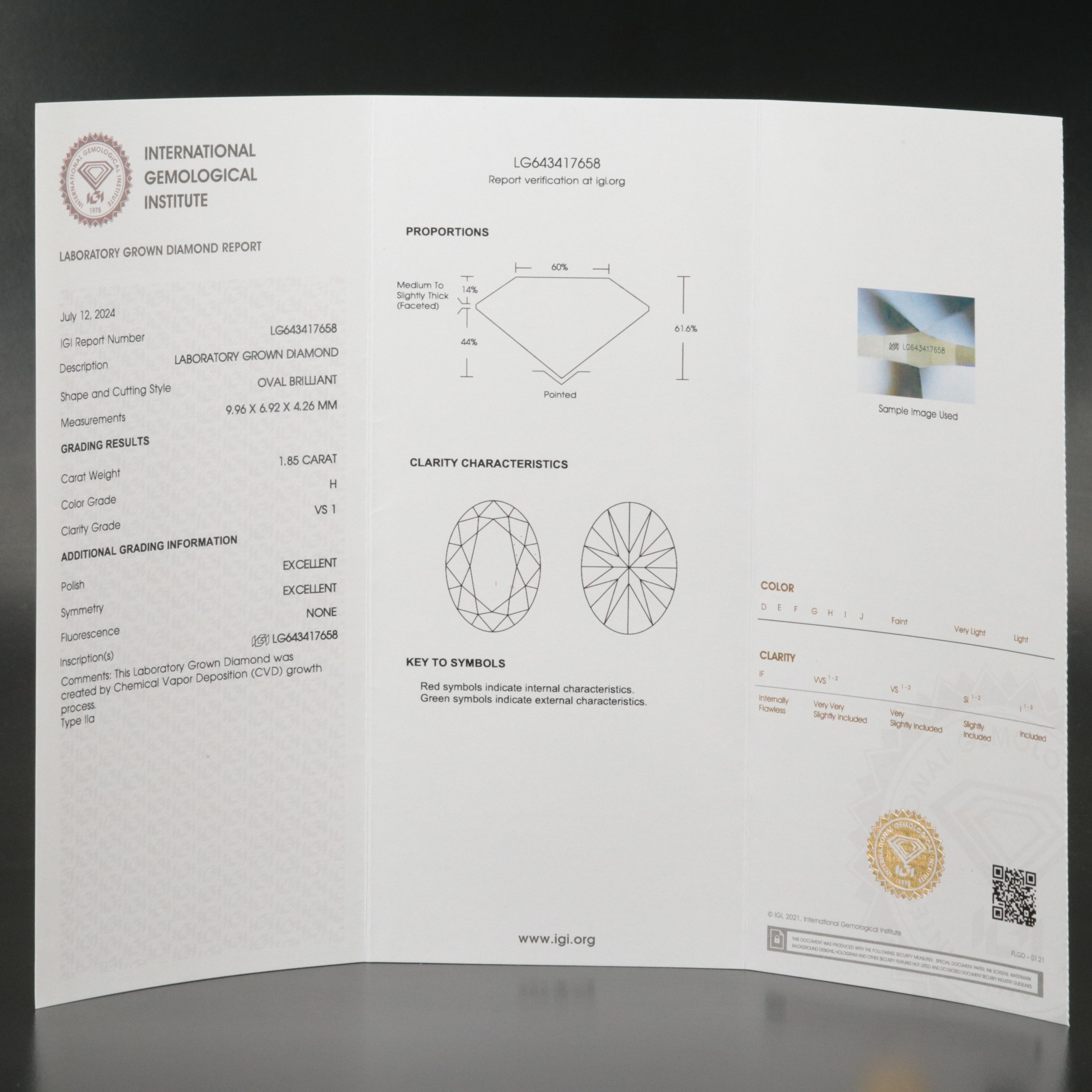 Loose 1.85 CT Lab Grown Diamond with IGI Report