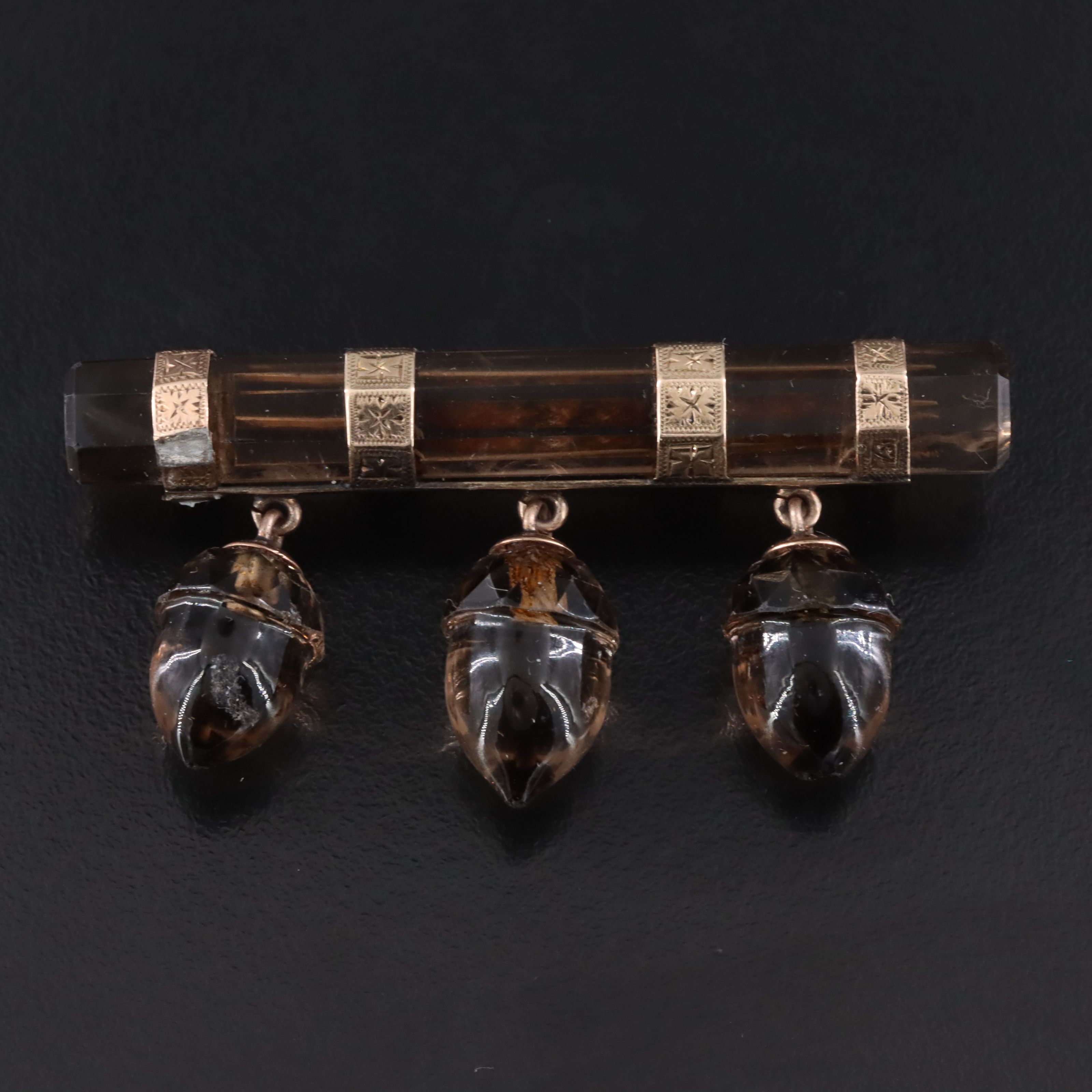 Victorian 12K Quartz Bar Brooch with Triple Acorn Drops