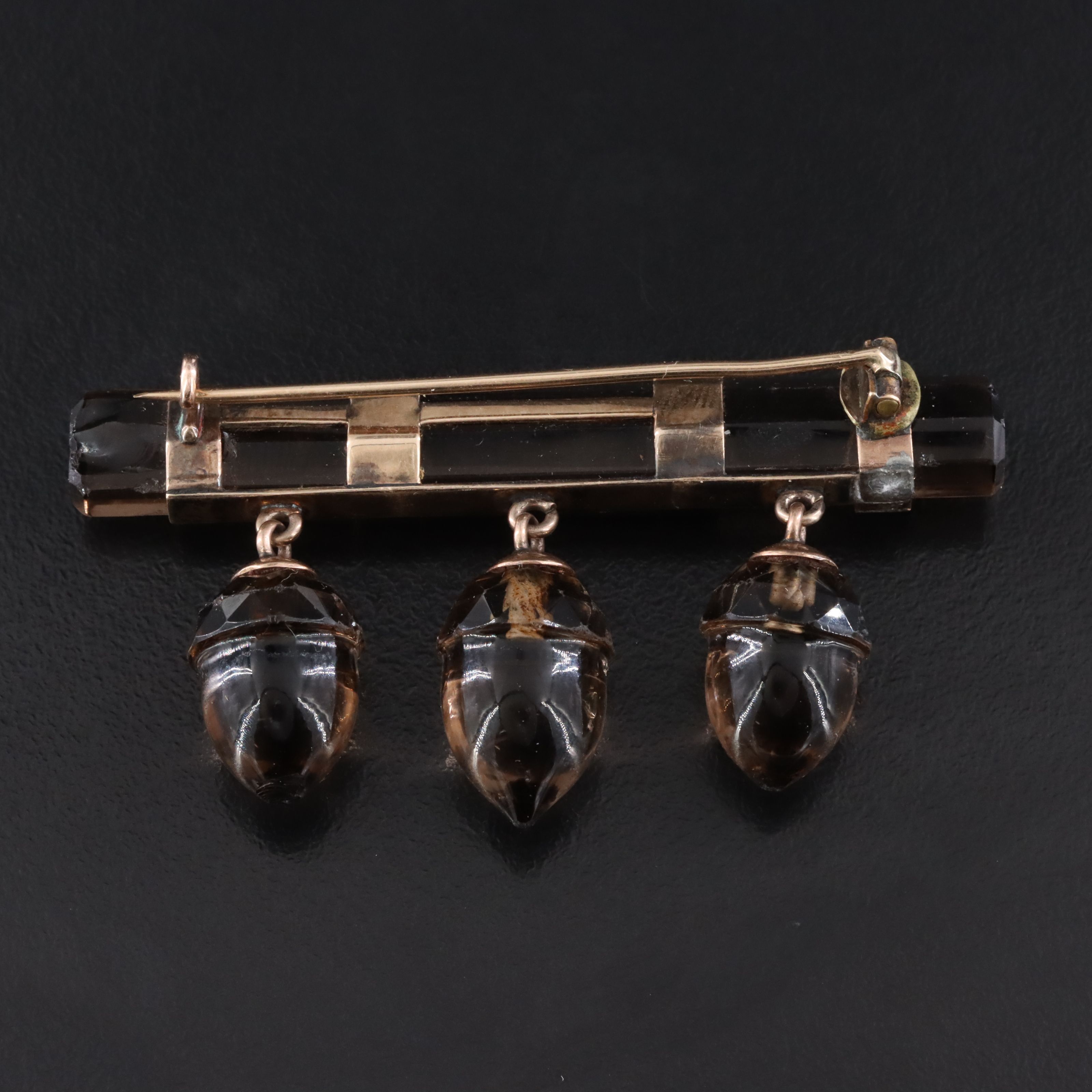 Victorian 12K Quartz Bar Brooch with Triple Acorn Drops