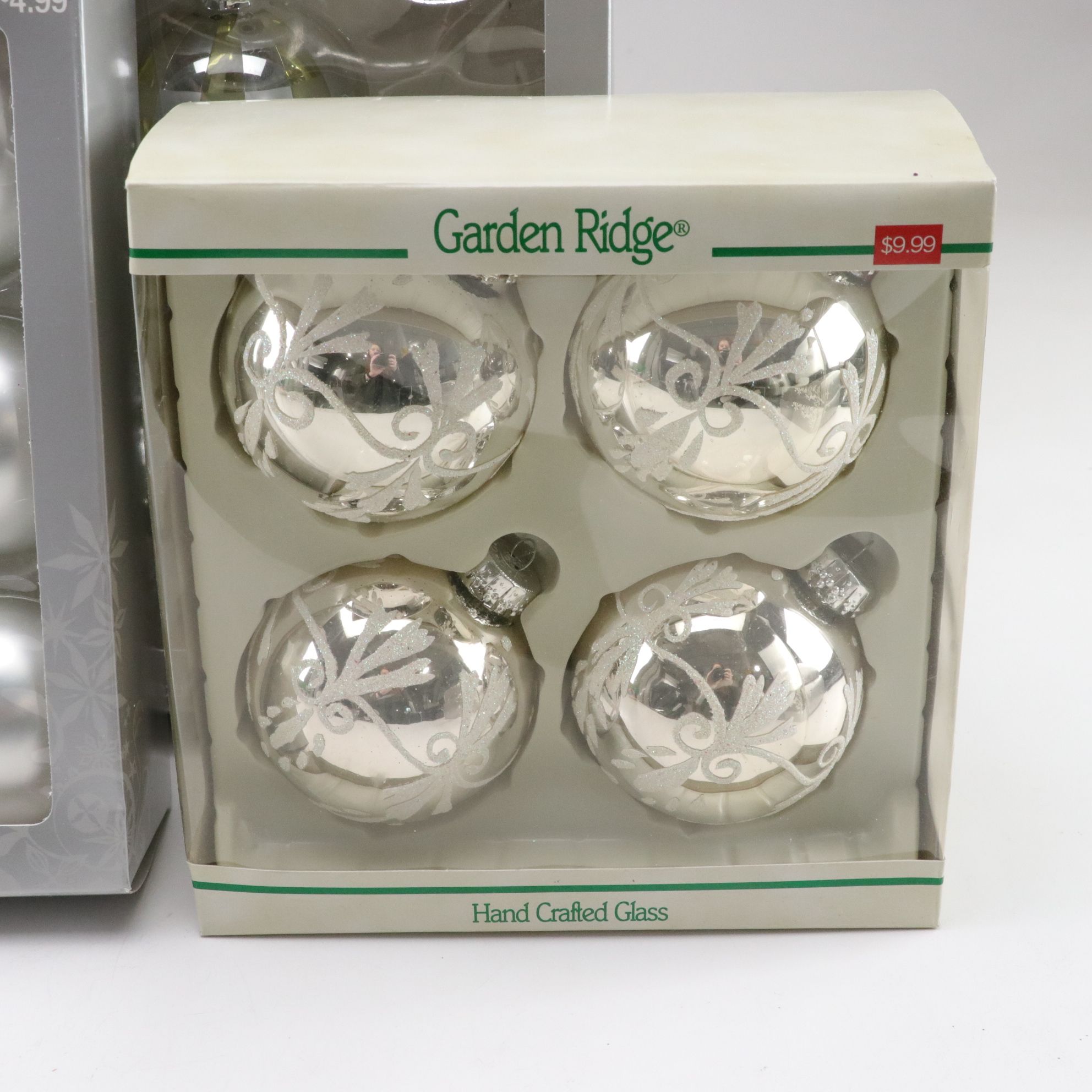 Assorted Glitter and Glass Ornaments in Silver, Gold and Blue Hues