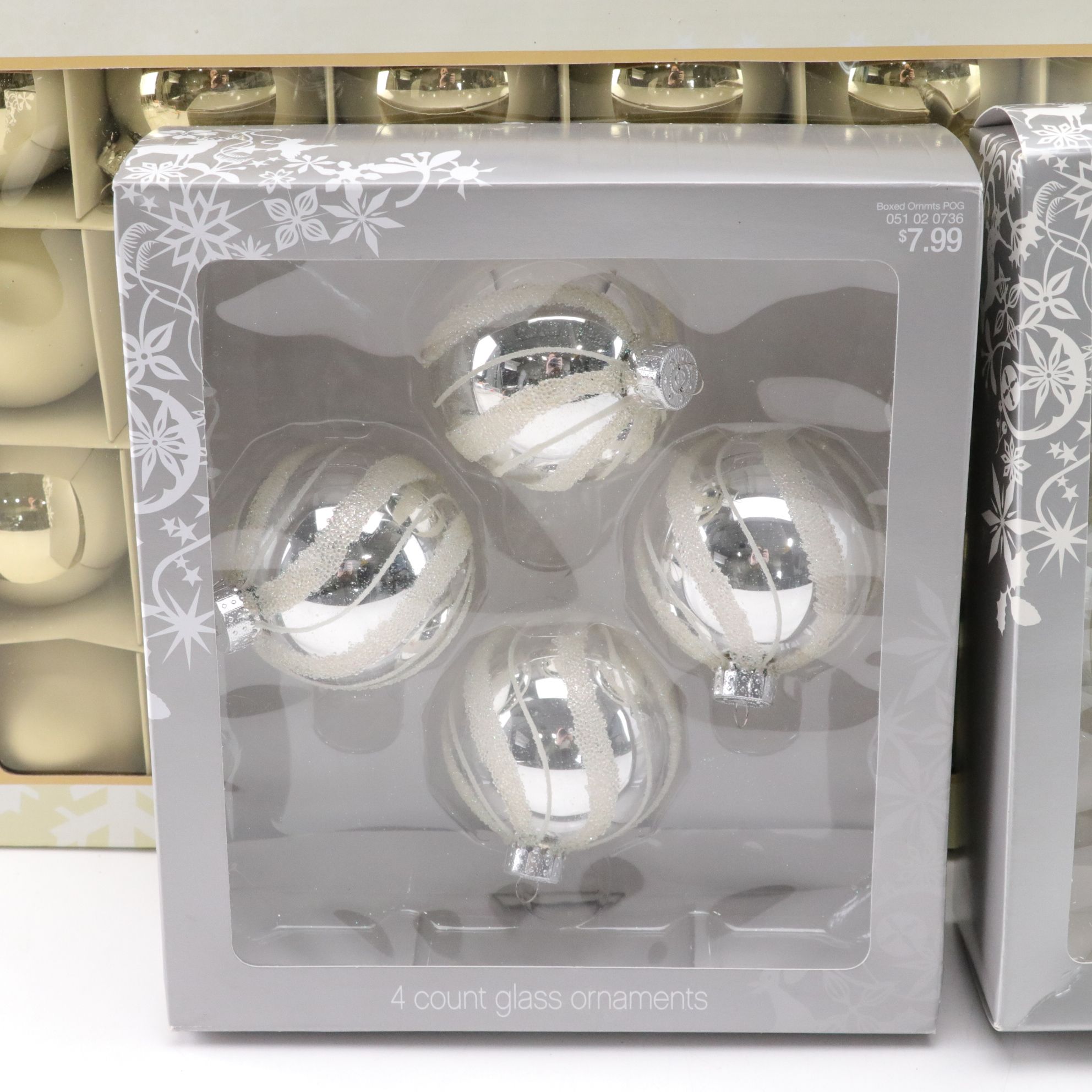 Assorted Glitter and Glass Ornaments in Silver, Gold and Blue Hues