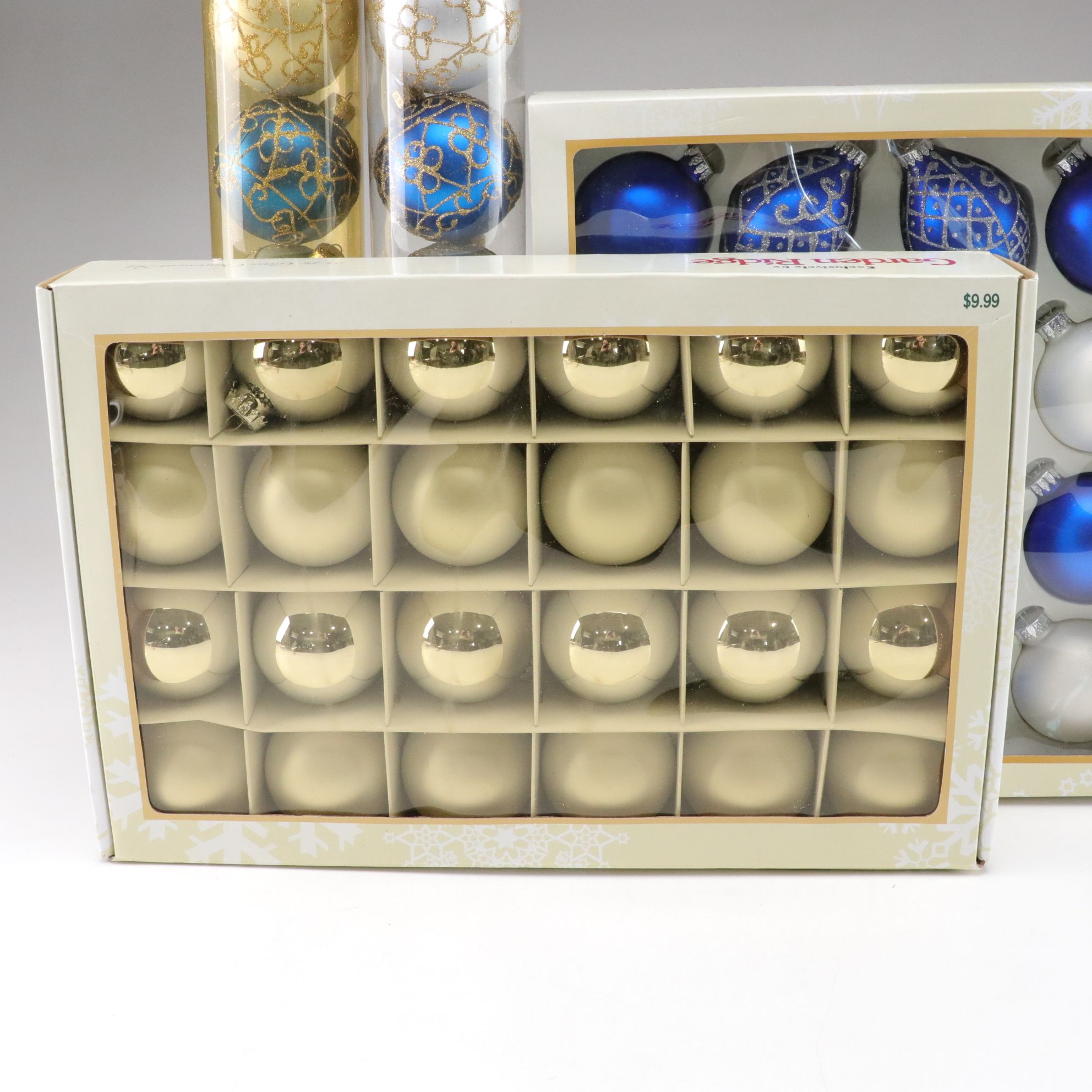 Assorted Glitter and Glass Ornaments in Silver, Gold and Blue Hues