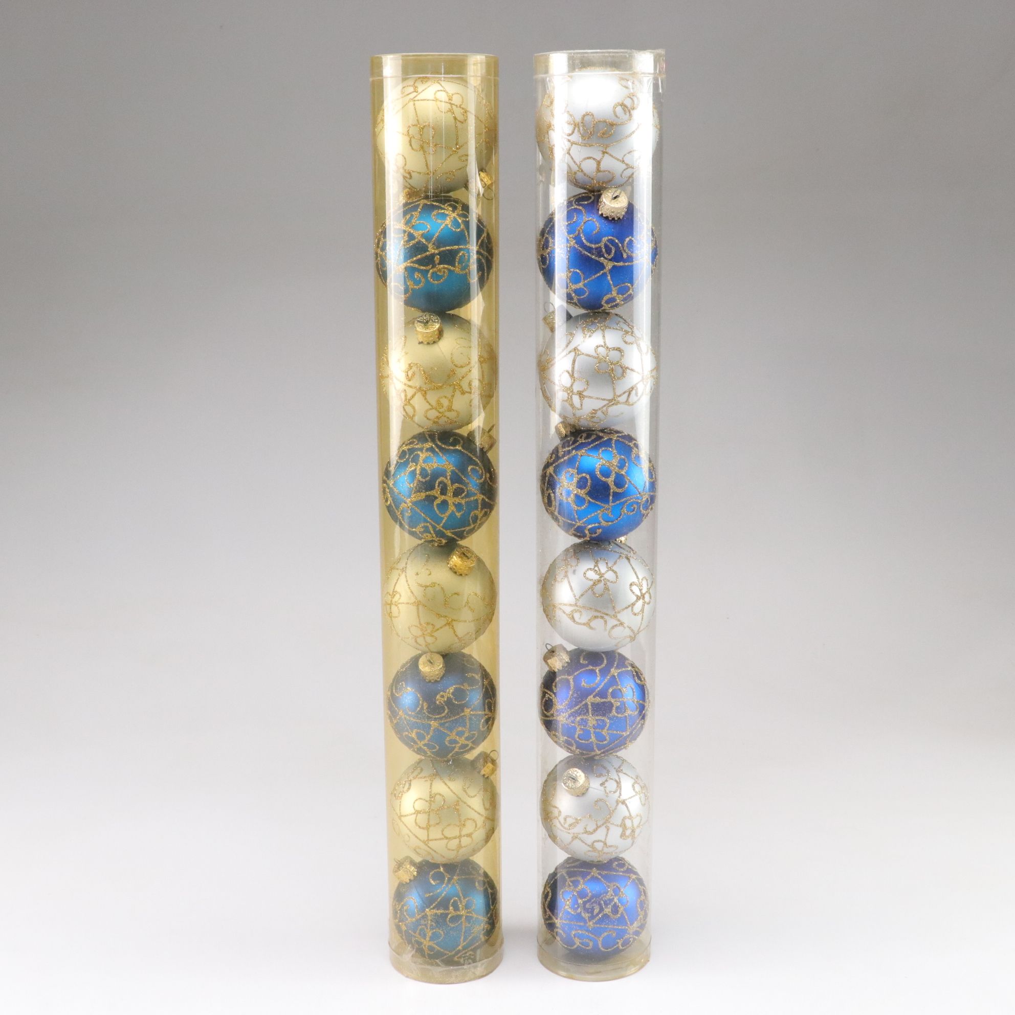 Assorted Glitter and Glass Ornaments in Silver, Gold and Blue Hues