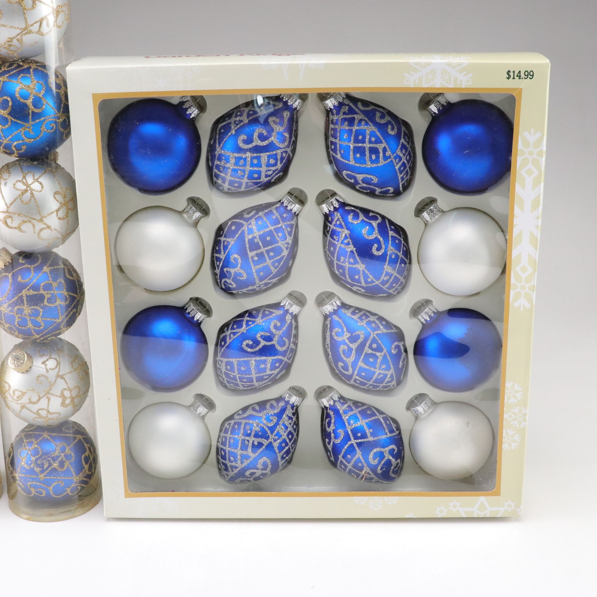 Assorted Glitter and Glass Ornaments in Silver, Gold and Blue Hues