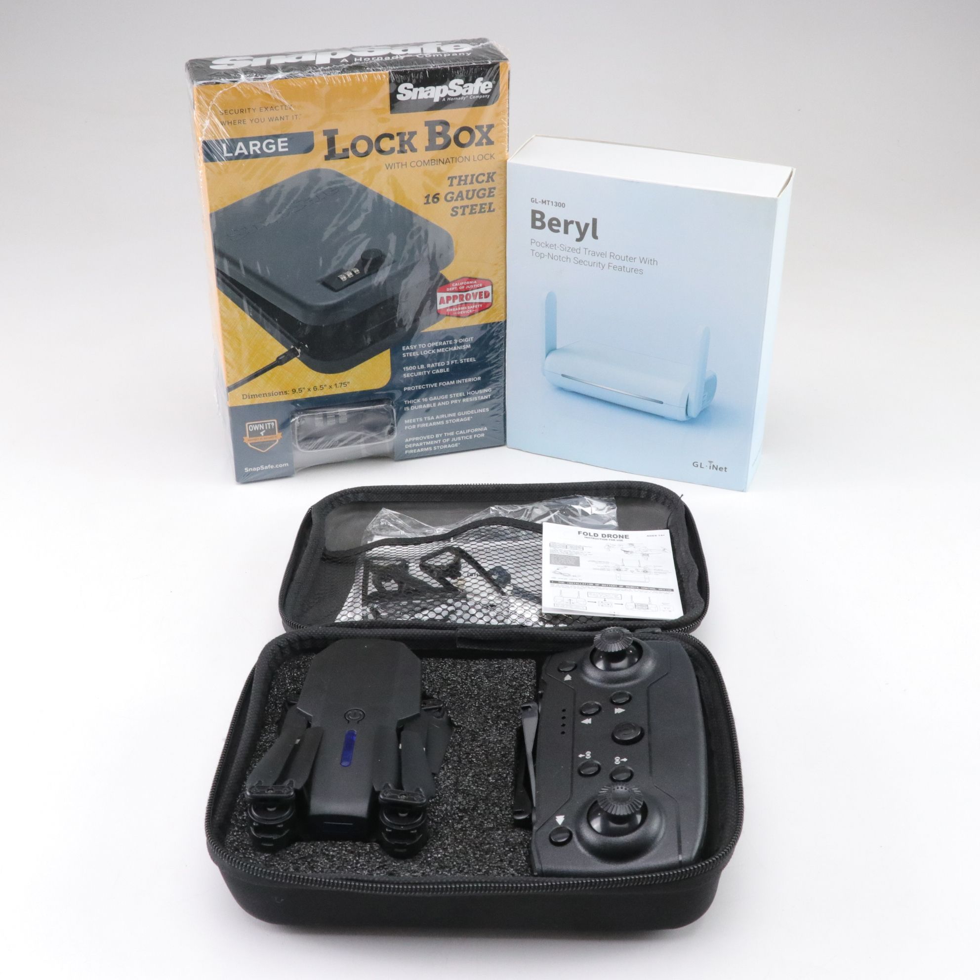 E88 Pro Foldable Drone with Beryl Travel Router and SnapSafe Lock Box