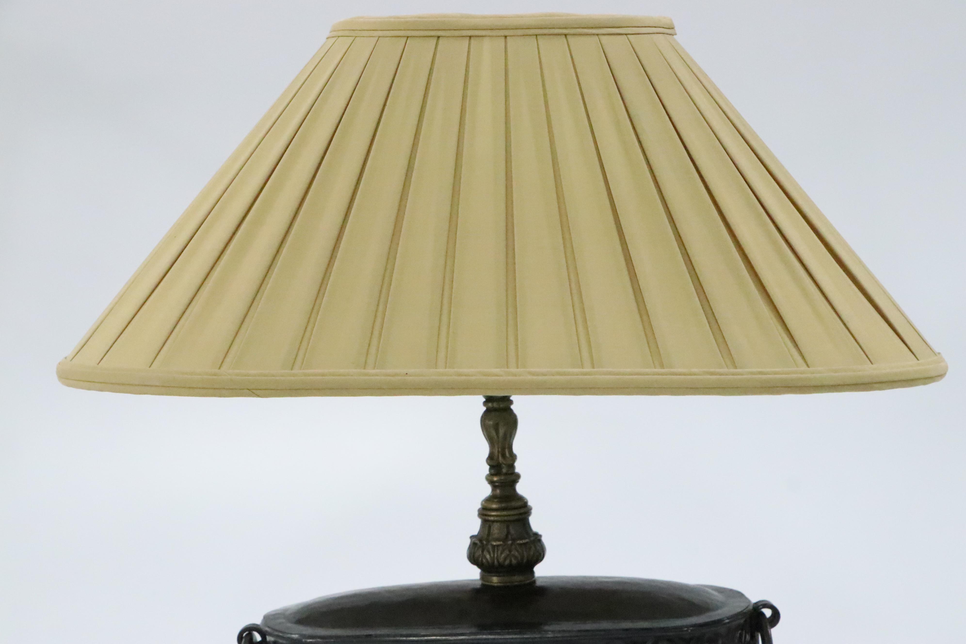 Punched and Embossed Patinated Metal Table Lamp with Pleated Shade