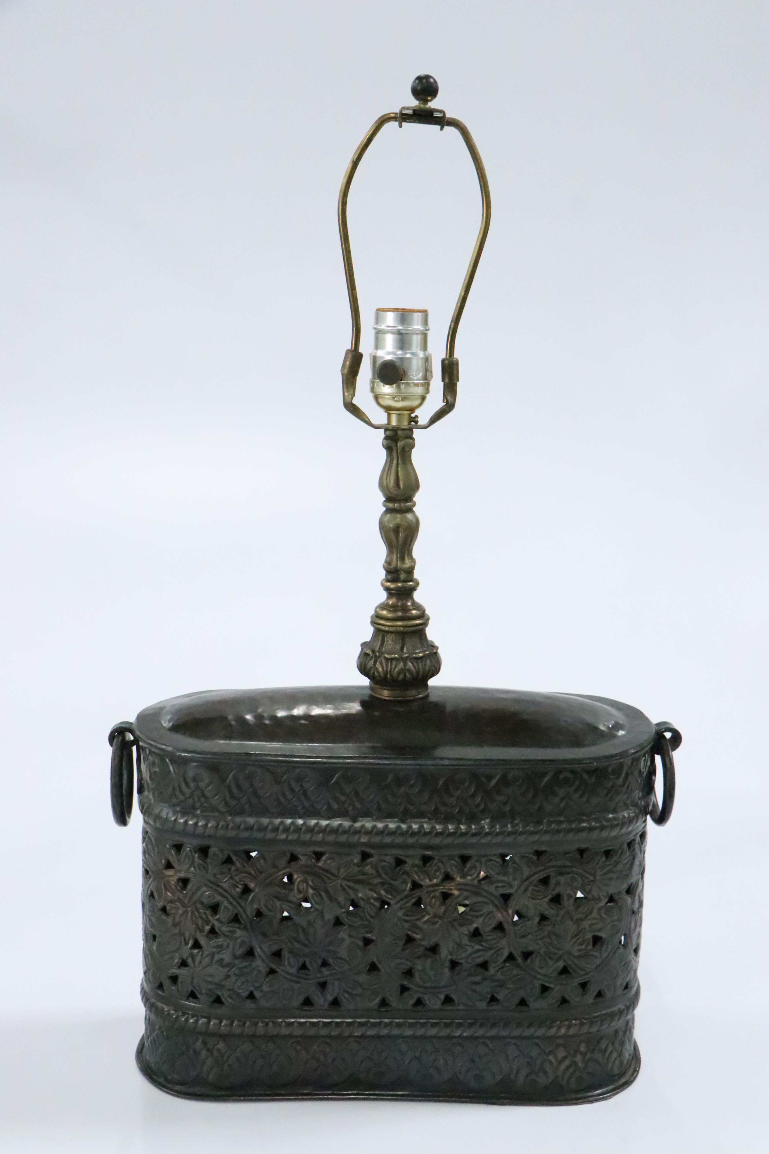 Punched and Embossed Patinated Metal Table Lamp with Pleated Shade