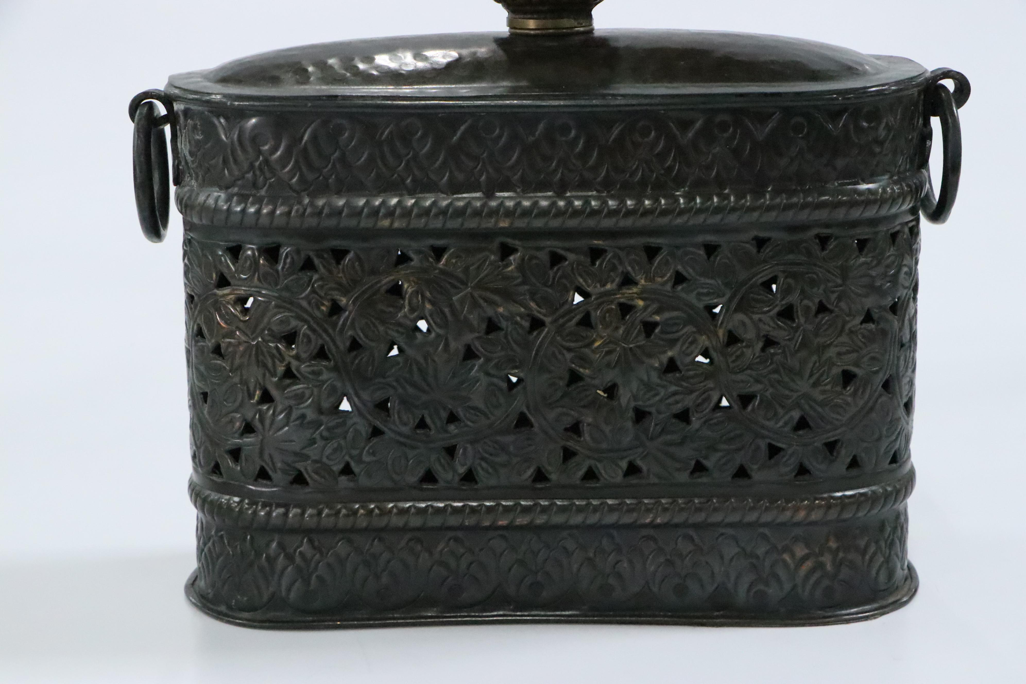 Punched and Embossed Patinated Metal Table Lamp with Pleated Shade